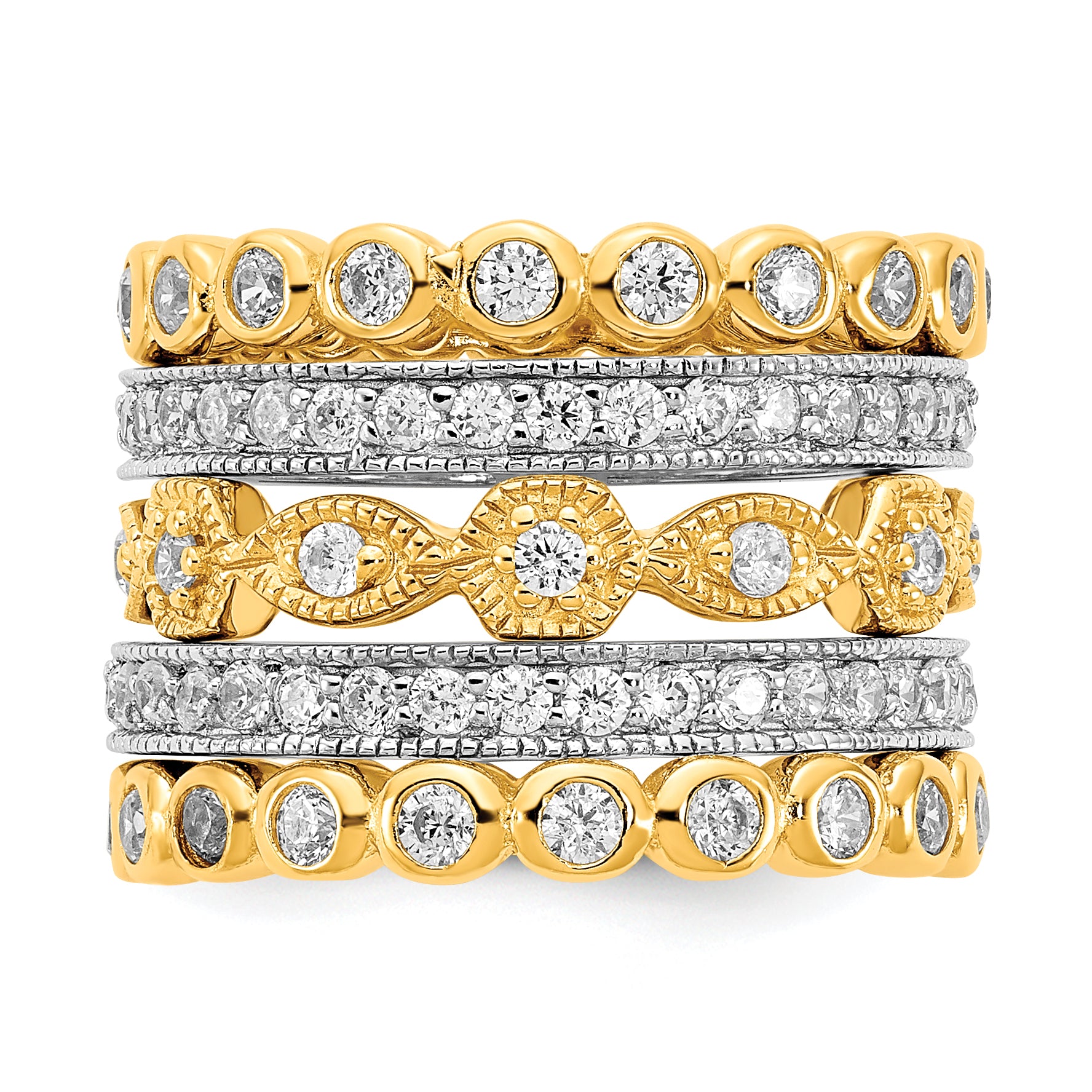 Cheryl M Sterling Silver Rhodium-plated and Gold-plated Brilliant-cut CZ 5 Piece Eternity Band Ring Set