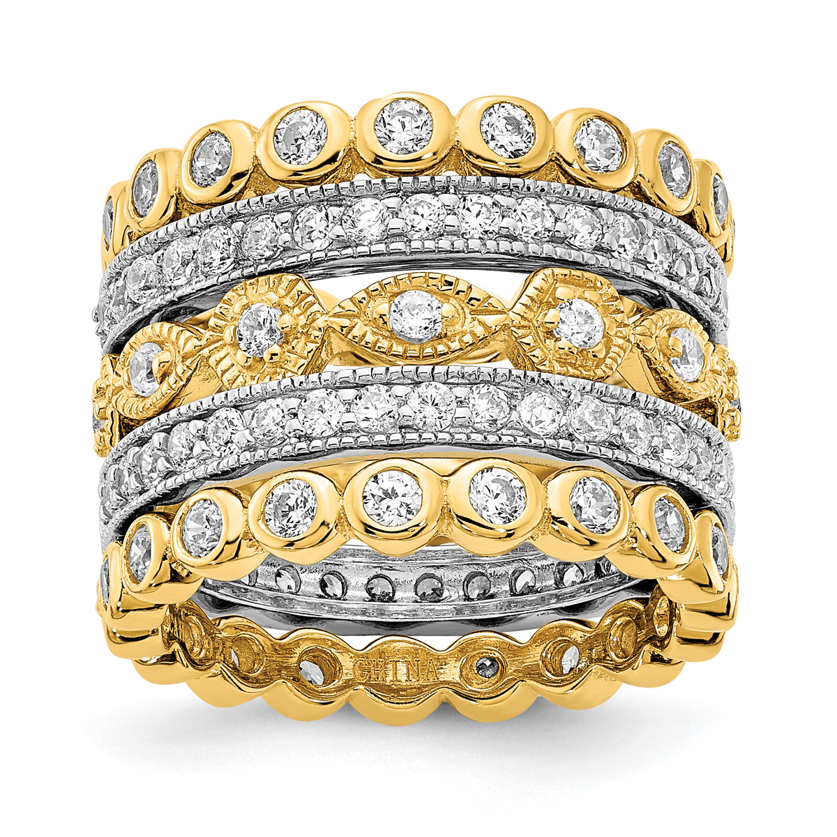 Cheryl M Sterling Silver Rhodium-plated and Gold-plated Brilliant-cut CZ 5 Piece Eternity Band Ring Set