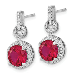 Cheryl M Sterling Silver Rhodium-plated Brilliant-cut Lab Created Ruby and Brilliant-cut White CZ Round Halo Post Dangle Earrings