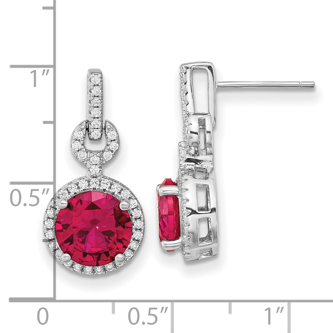 Cheryl M Sterling Silver Rhodium-plated Brilliant-cut Lab Created Ruby and Brilliant-cut White CZ Round Halo Post Dangle Earrings