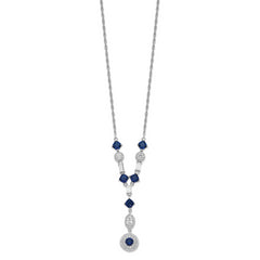 Cheryl M Sterling Silver Rhodium-plated Cushion-cut/Brilliant-cut Blue Glass and Brilliant-cut/Baguette-cut White CZ Fancy Dangle Y-Drop 18 Inch Necklace