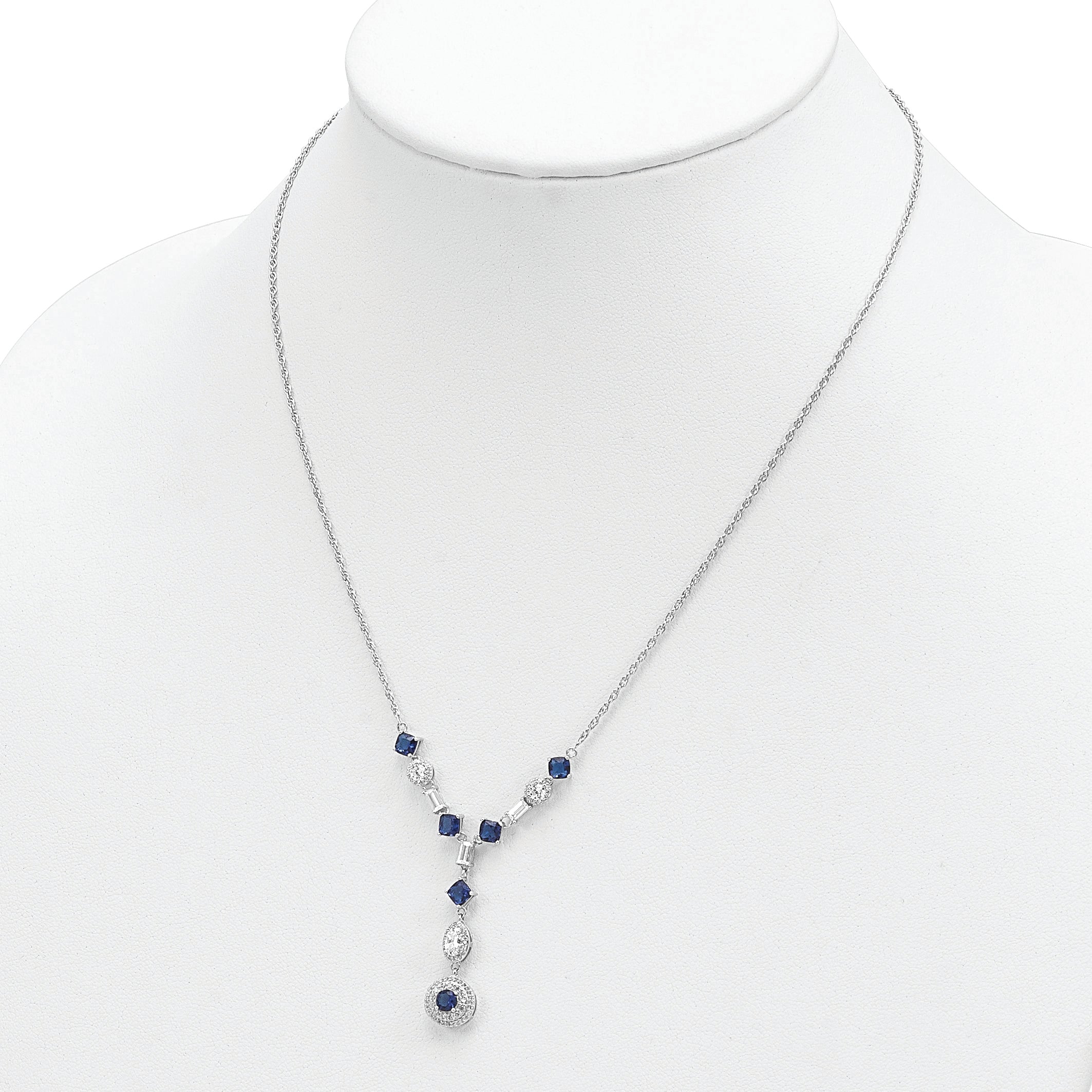 Cheryl M Sterling Silver Rhodium-plated Cushion-cut/Brilliant-cut Blue Glass and Brilliant-cut/Baguette-cut White CZ Fancy Dangle Y-Drop 18 Inch Necklace