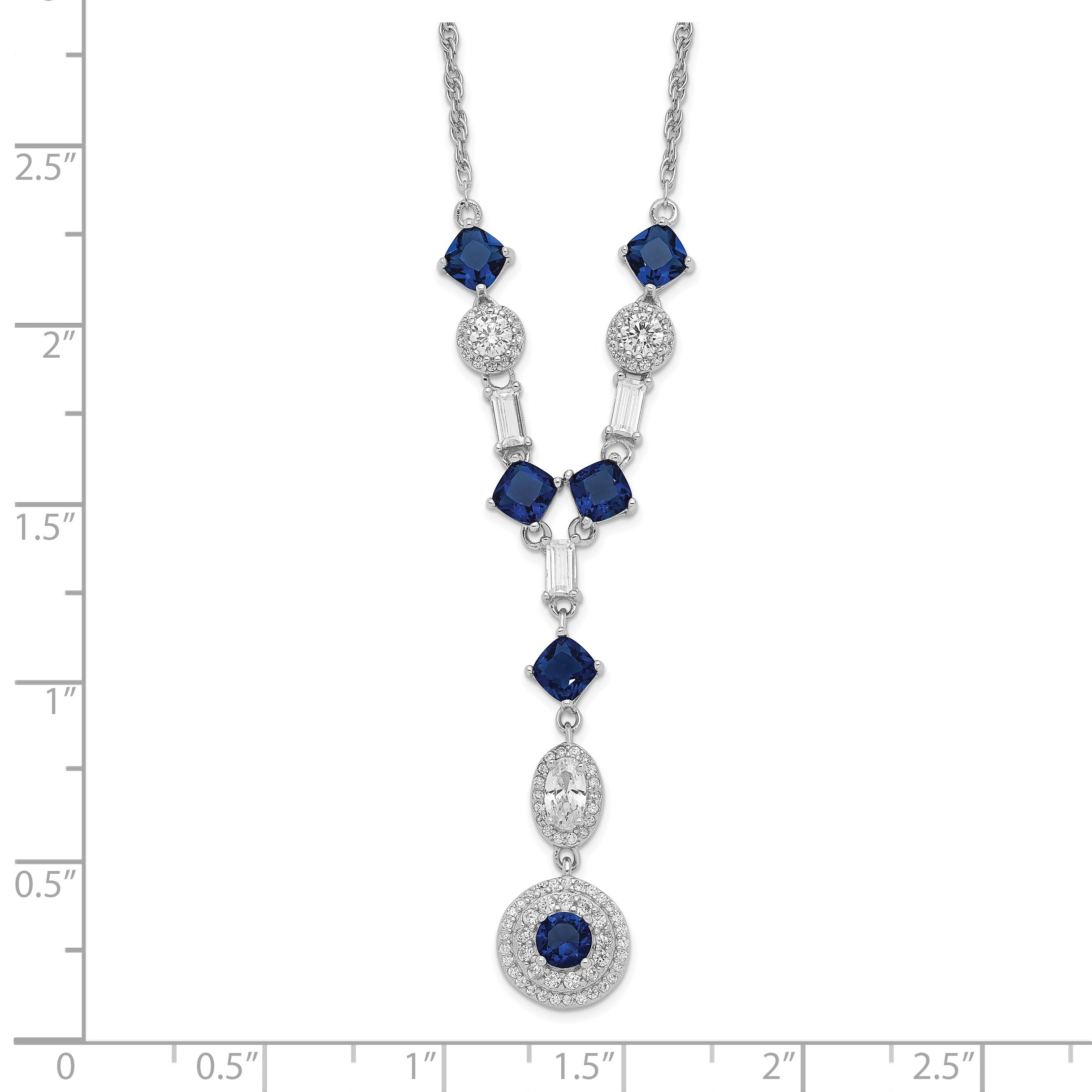 Cheryl M Sterling Silver Rhodium-plated Cushion-cut/Brilliant-cut Blue Glass and Brilliant-cut/Baguette-cut White CZ Fancy Dangle Y-Drop 18 Inch Necklace