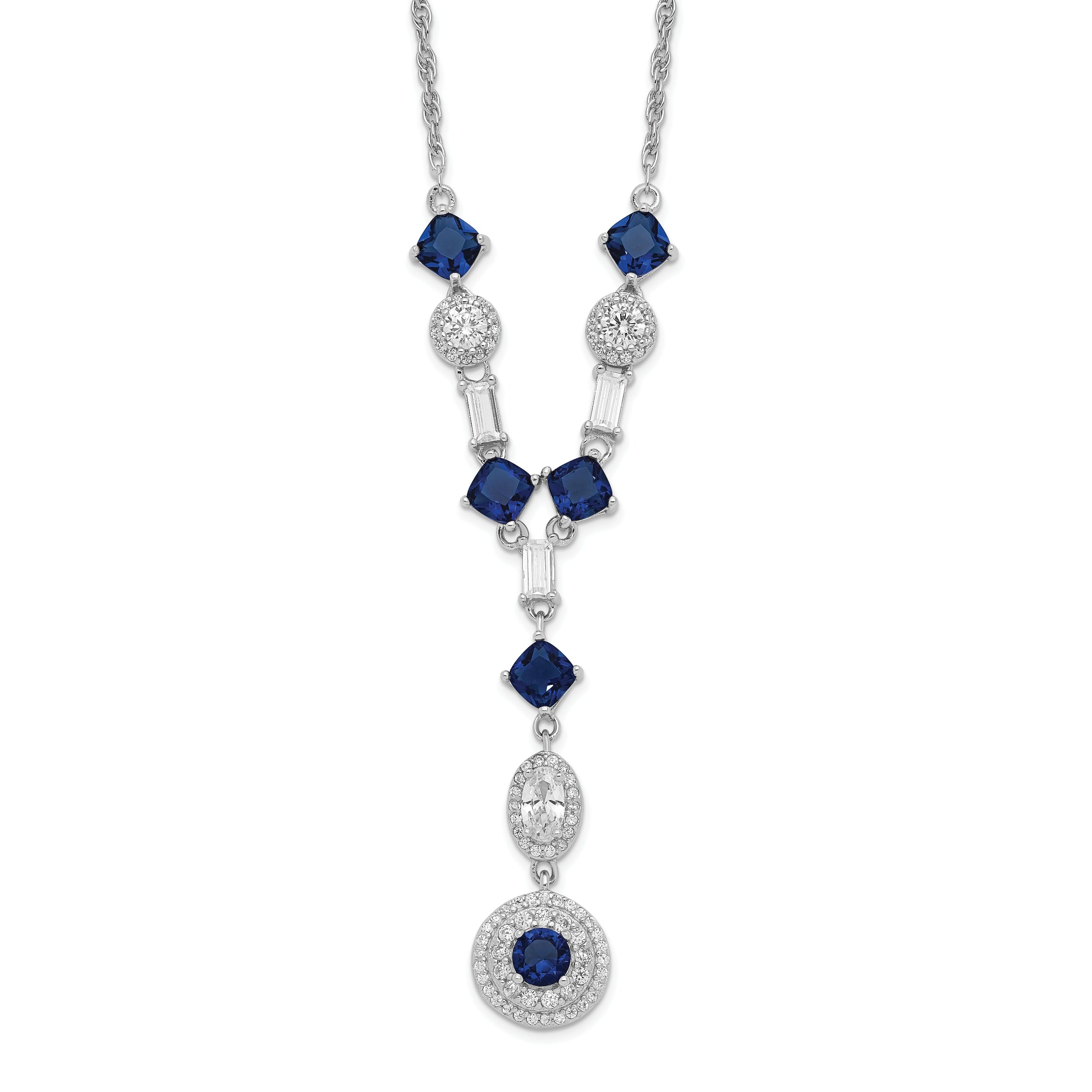 Cheryl M Sterling Silver Rhodium-plated Cushion-cut/Brilliant-cut Blue Glass and Brilliant-cut/Baguette-cut White CZ Fancy Dangle Y-Drop 18 Inch Necklace