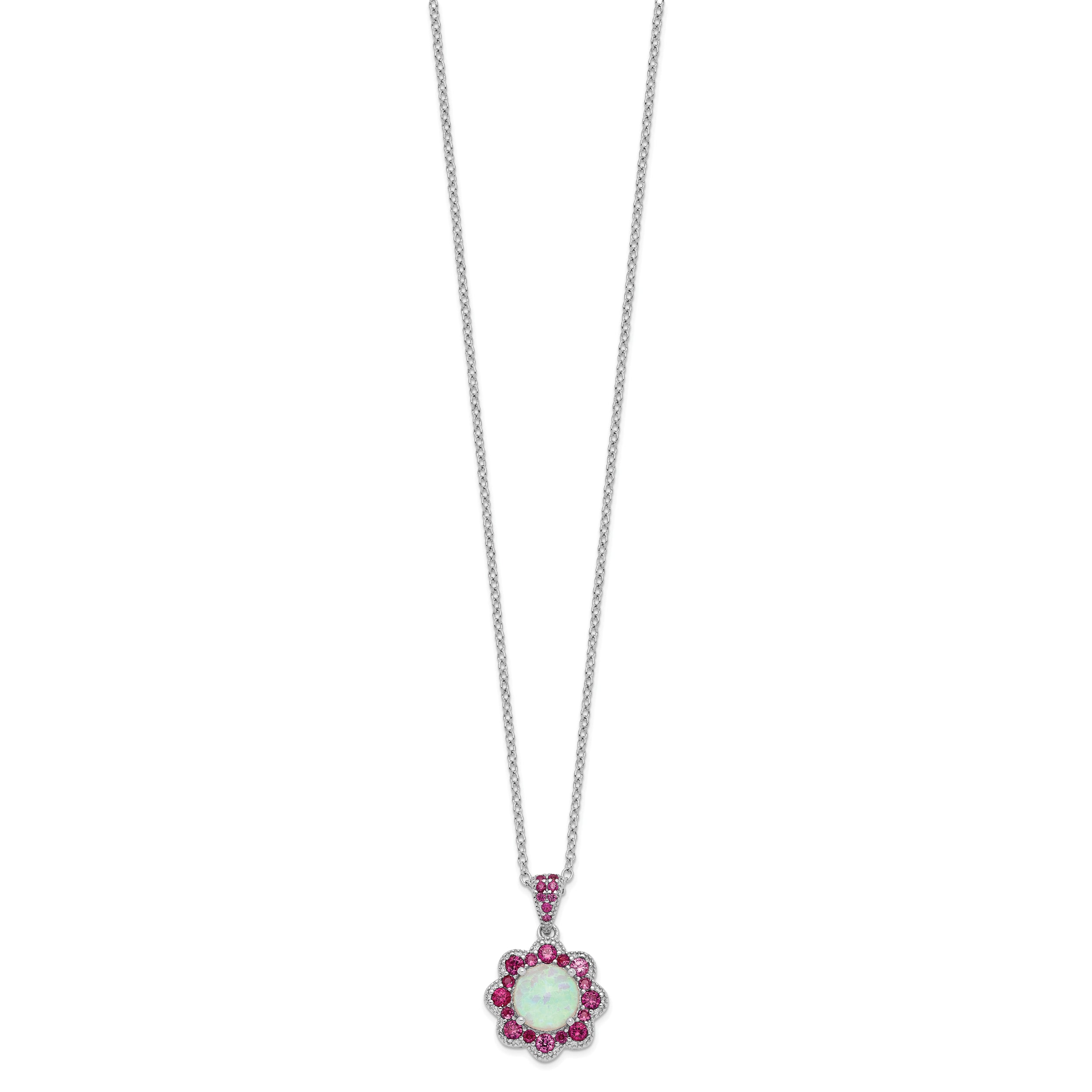 Cheryl M Sterling Silver Rhodium-plated Cabochon Lab Created Opal and Brilliant-cut Red Nano Crystal Flower 18 Inch Necklace