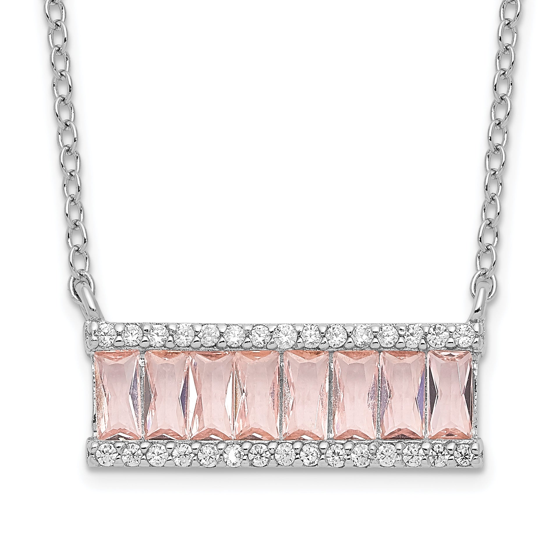 Cheryl M Sterling Silver Rhodium-plated Emerald-cut Pink Nano Crystal and White Brilliant-cut CZ Bar 18 Inch Necklace