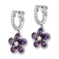 Cheryl M Sterling Silver Rhodium-plated Purple and White Brilliant-cut CZ Flower Hinged Hoop Dangle Earrings