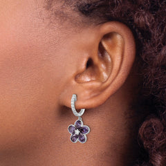 Cheryl M Sterling Silver Rhodium-plated Purple and White Brilliant-cut CZ Flower Hinged Hoop Dangle Earrings