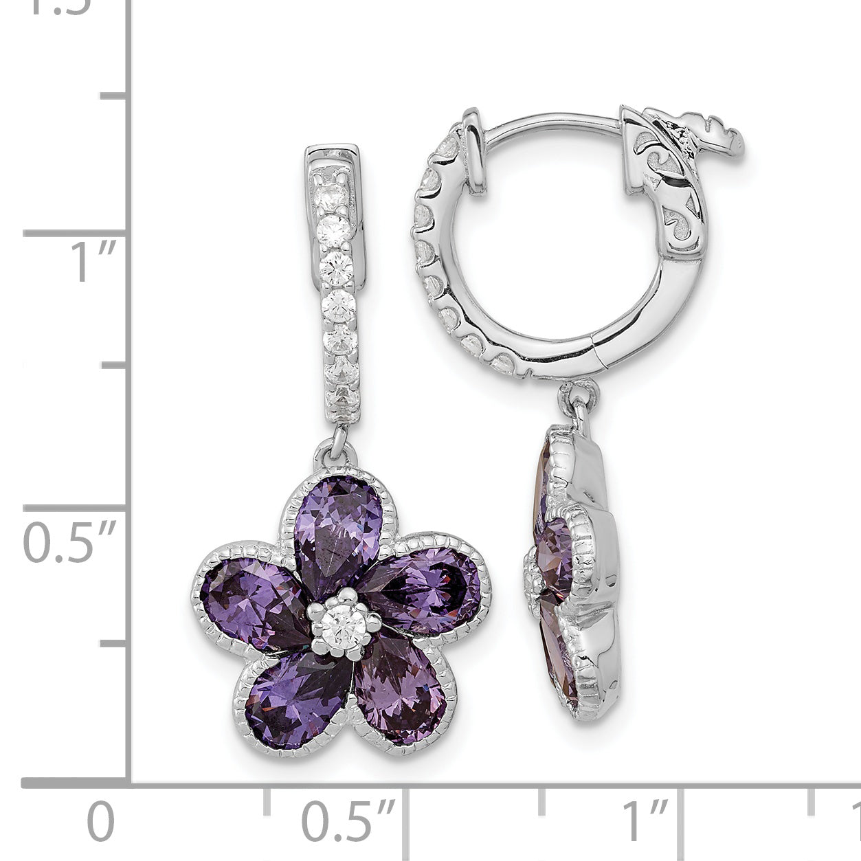 Cheryl M Sterling Silver Rhodium-plated Purple and White Brilliant-cut CZ Flower Hinged Hoop Dangle Earrings