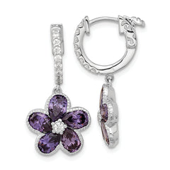 Cheryl M Sterling Silver Rhodium-plated Purple and White Brilliant-cut CZ Flower Hinged Hoop Dangle Earrings