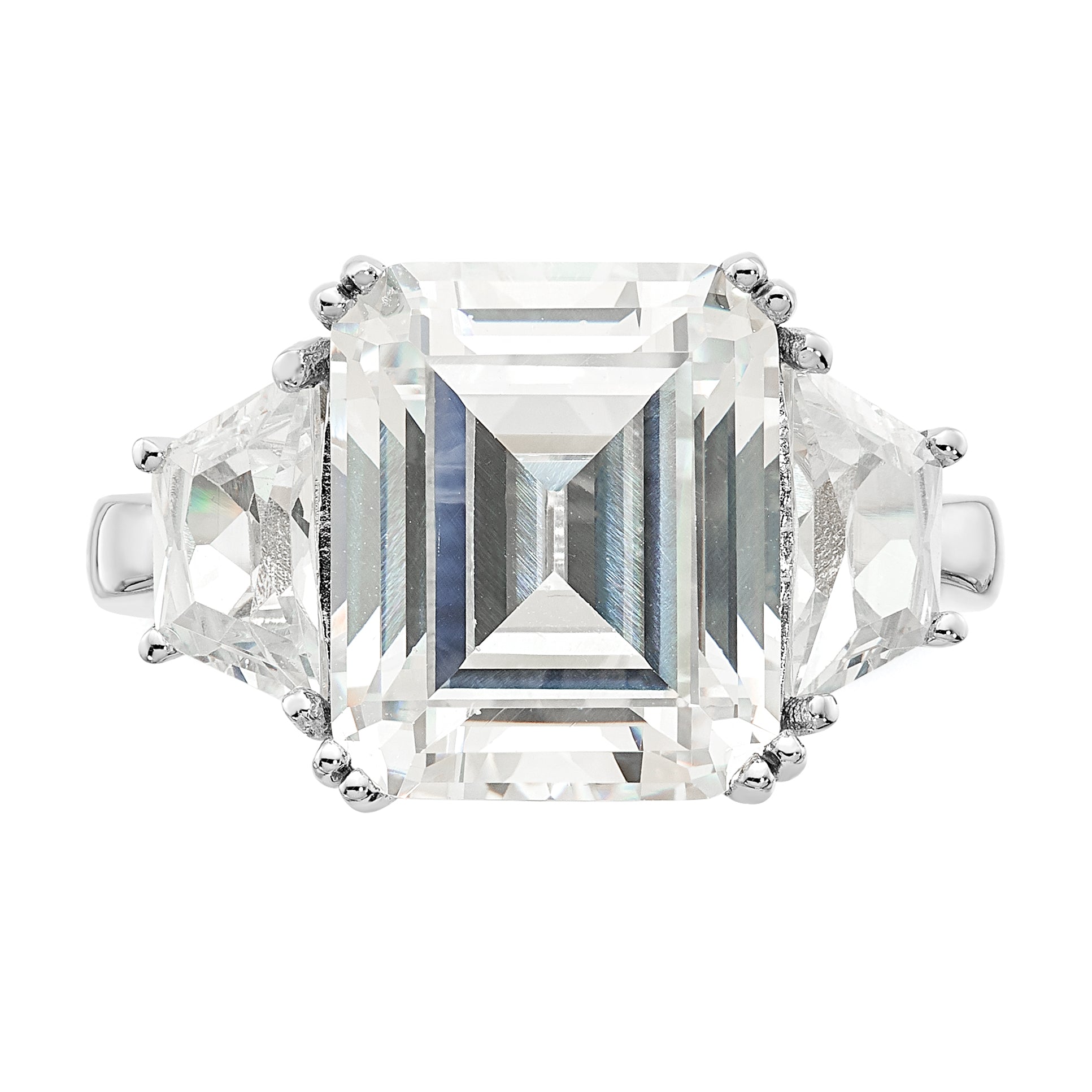 Cheryl M Sterling Silver Rhodium-plated Fancy Emerald-cut and Brilliant-cut CZ 3 Stone Ring