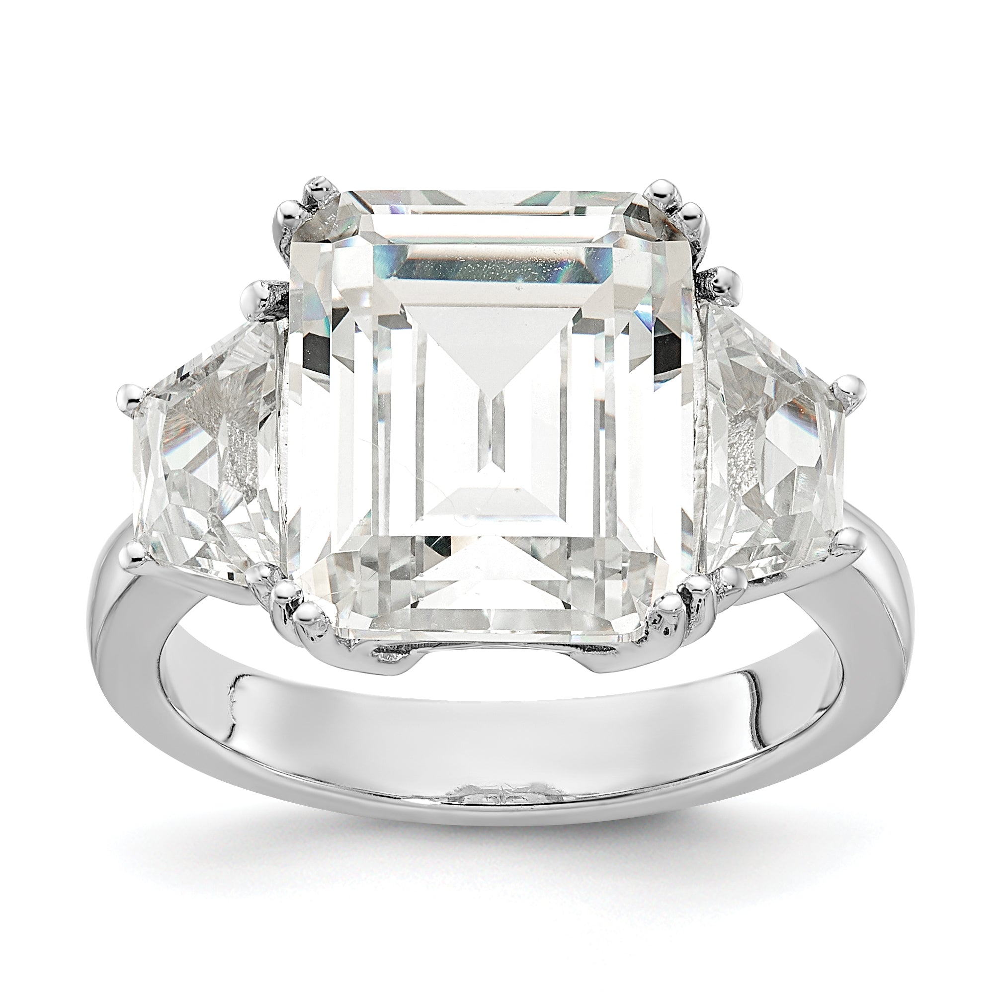 Cheryl M Sterling Silver Rhodium-plated Fancy Emerald-cut and Brilliant-cut CZ 3 Stone Ring