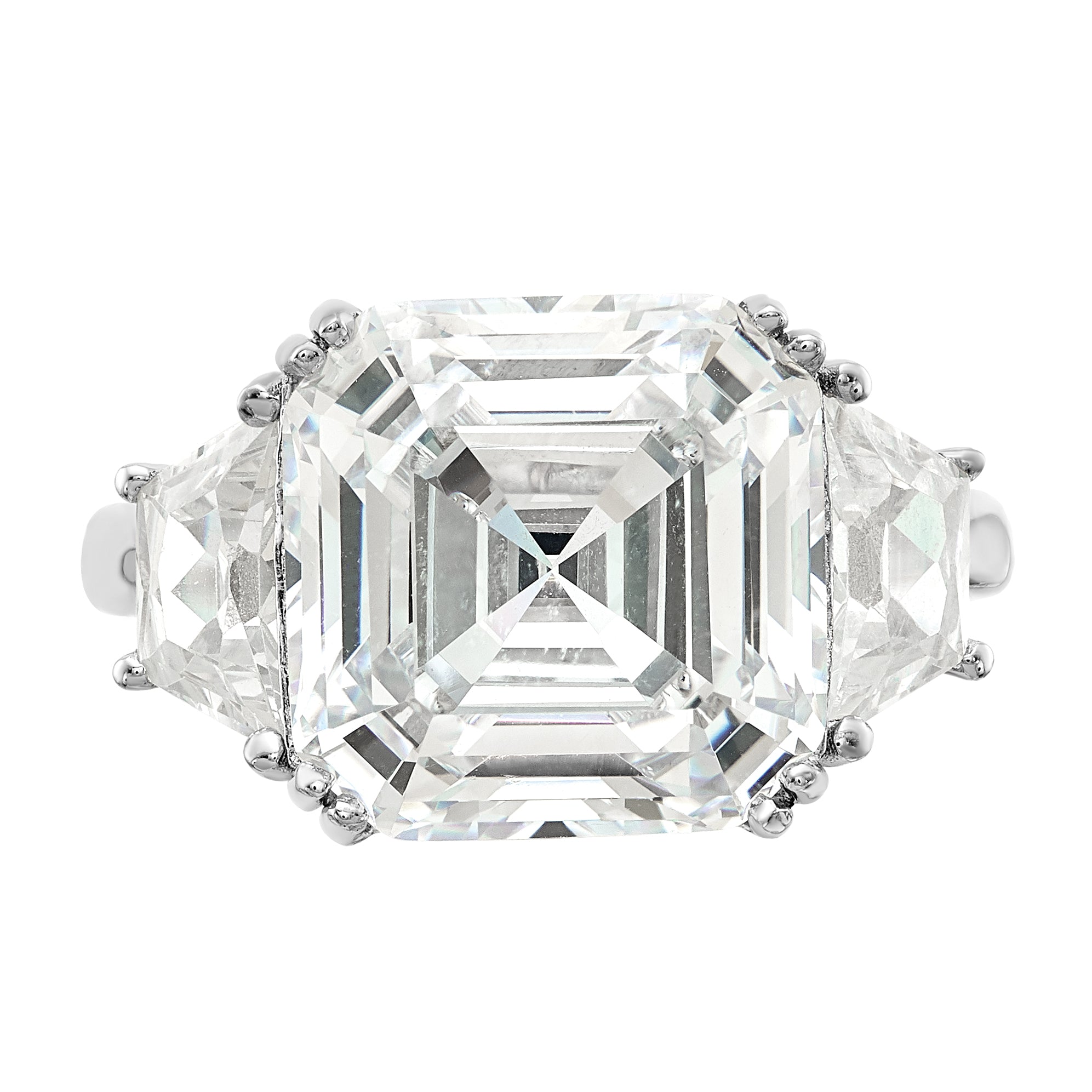 Cheryl M Sterling Silver Rhodium-plated Asscher-cut and Brilliant-cut CZ 3 Stone Ring