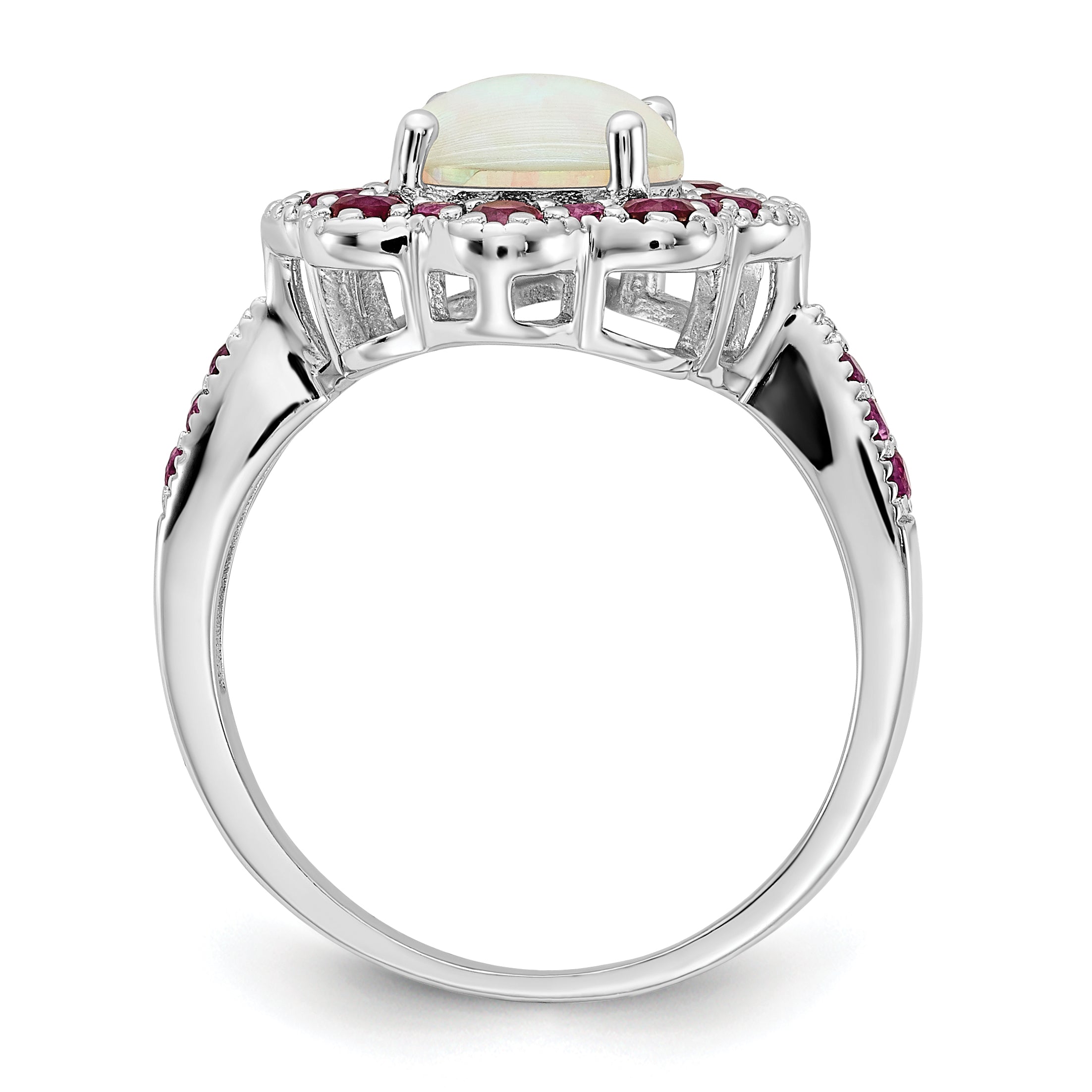 Cheryl M Sterling Silver Rhodium-plated Cabochon Lab Created Opal and Brilliant-cut Red Nano Crystal Flower Ring