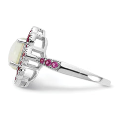 Cheryl M Sterling Silver Rhodium-plated Cabochon Lab Created Opal and Brilliant-cut Red Nano Crystal Flower Ring