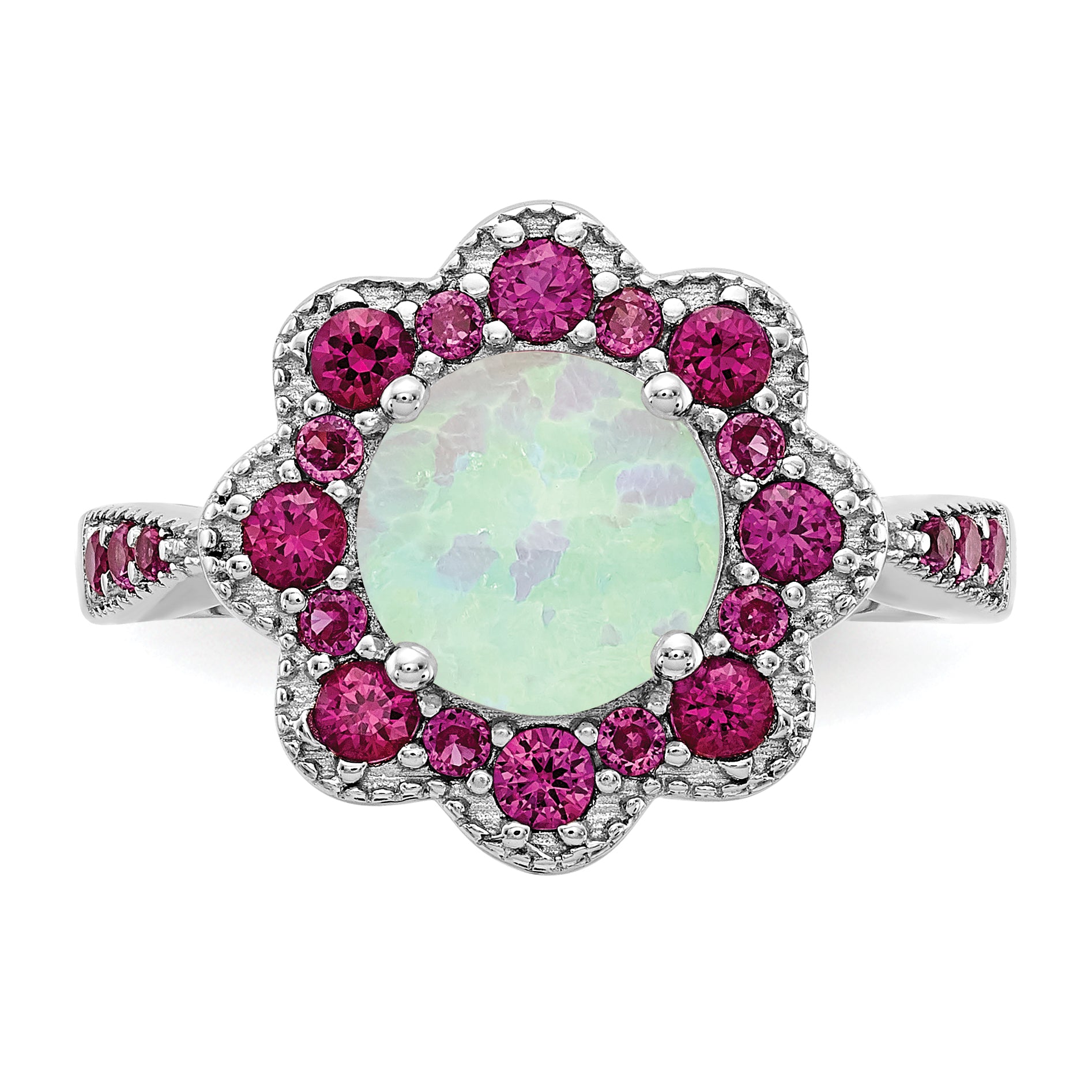 Cheryl M Sterling Silver Rhodium-plated Cabochon Lab Created Opal and Brilliant-cut Red Nano Crystal Flower Ring