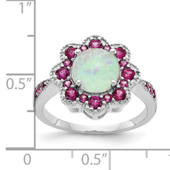 Cheryl M Sterling Silver Rhodium-plated Cabochon Lab Created Opal and Brilliant-cut Red Nano Crystal Flower Ring