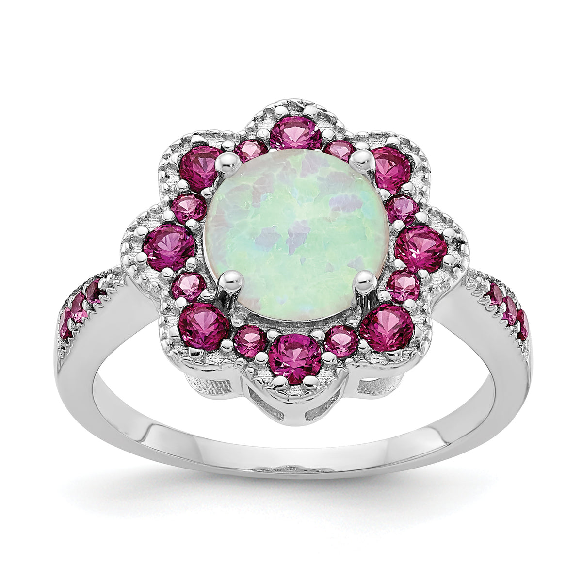 Cheryl M Sterling Silver Rhodium-plated Cabochon Lab Created Opal and Brilliant-cut Red Nano Crystal Flower Ring