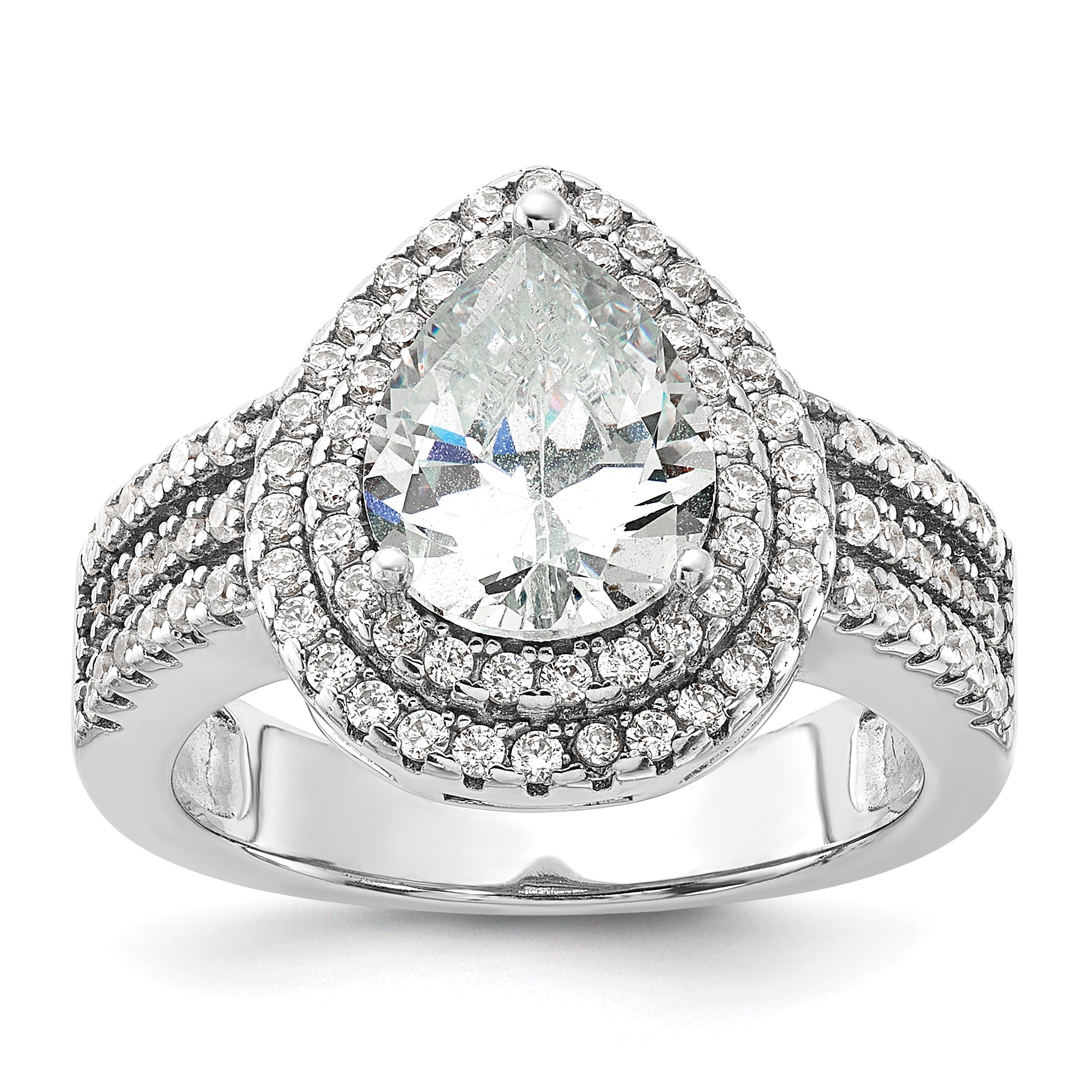 Cheryl M Sterling Silver Rhodium-plated Brilliant-cut Pear CZ Double Halo Ring