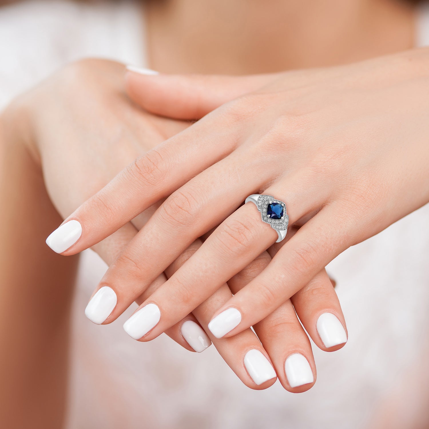 Cheryl M Sterling Silver Rhodium-plated Fancy Cushion-cut Blue Glass and Brilliant-cut White CZ Ring