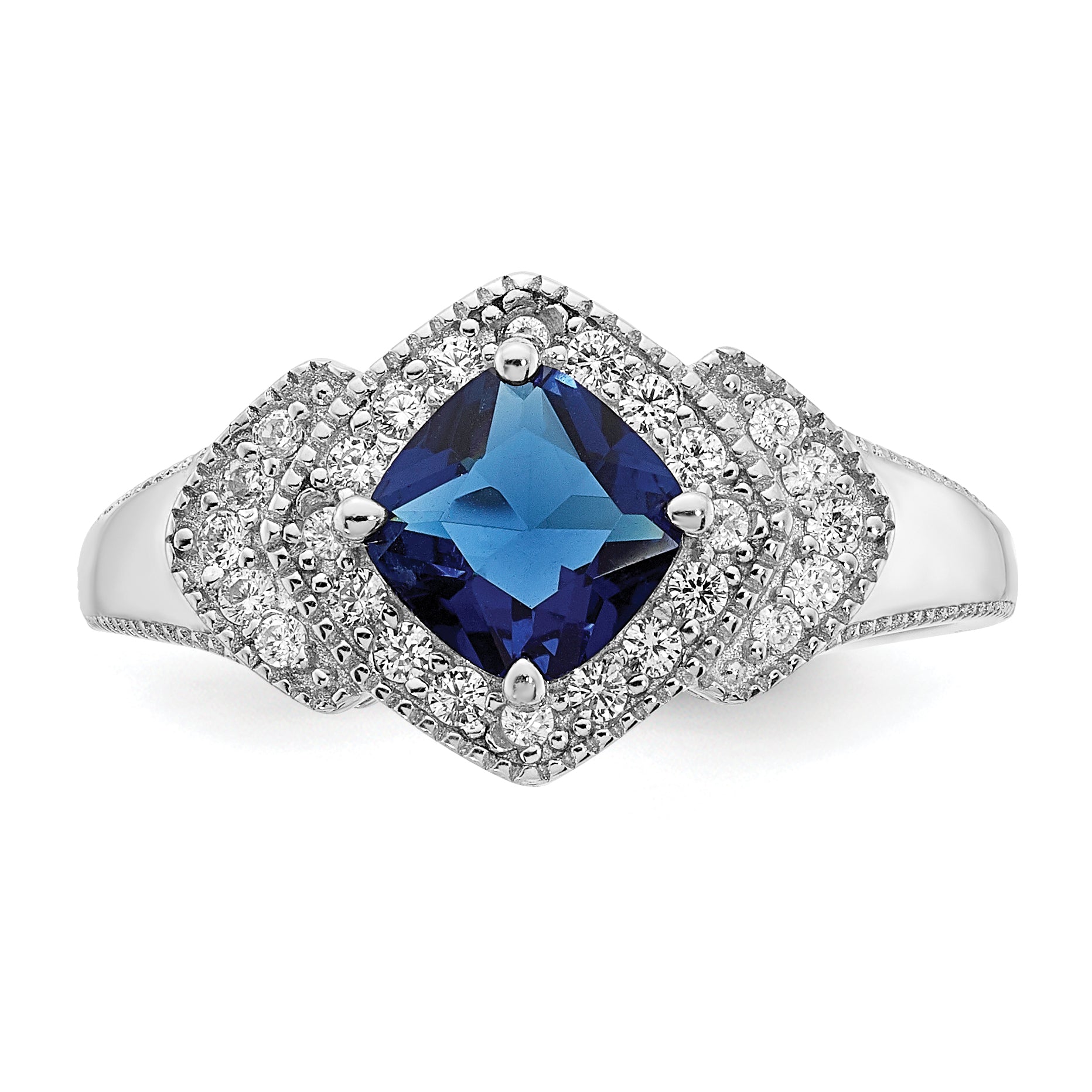 Cheryl M Sterling Silver Rhodium-plated Fancy Cushion-cut Blue Glass and Brilliant-cut White CZ Ring