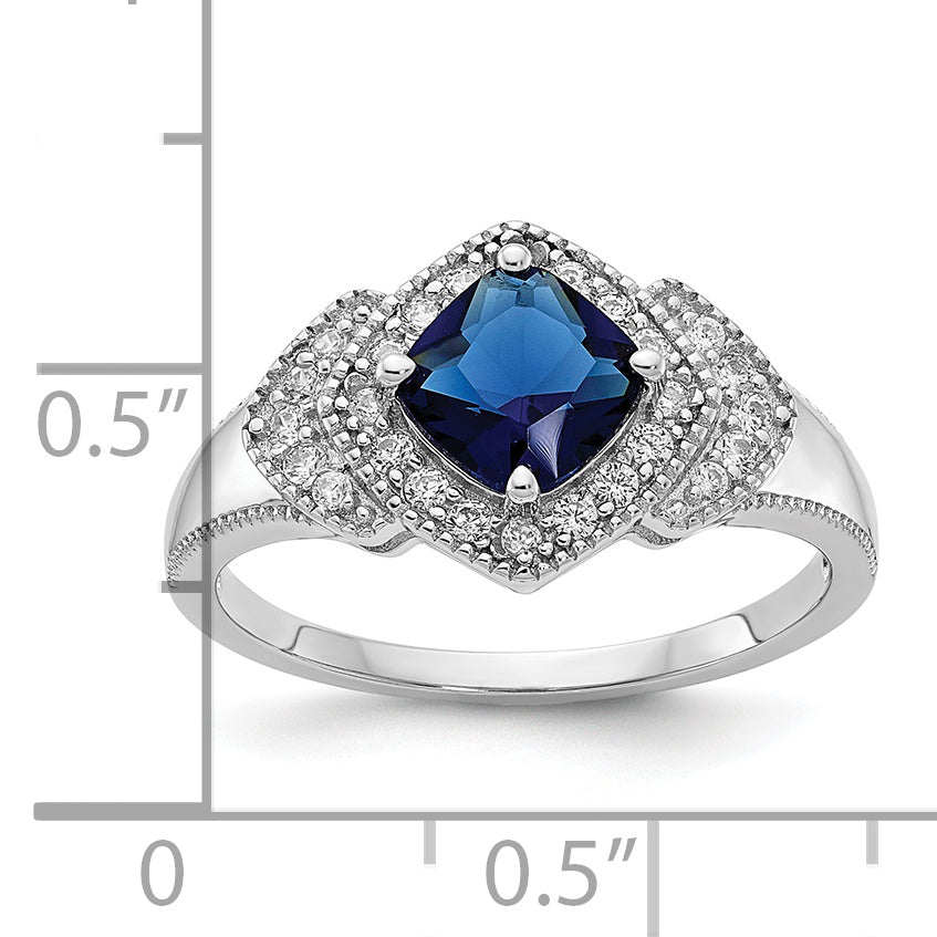 Cheryl M Sterling Silver Rhodium-plated Fancy Cushion-cut Blue Glass and Brilliant-cut White CZ Ring