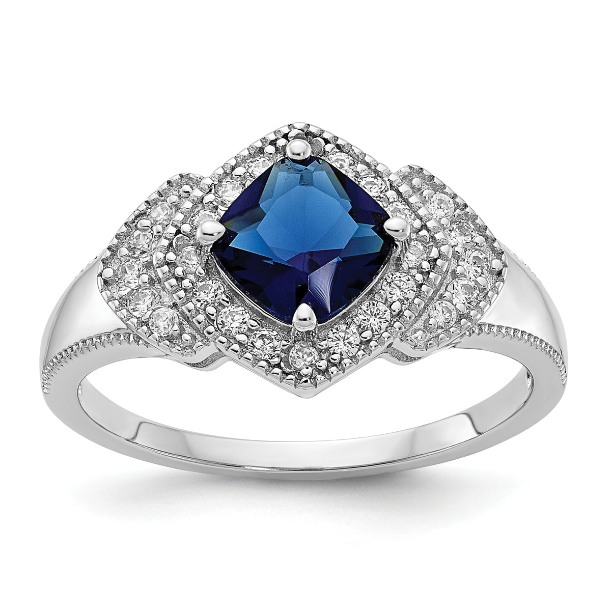 Cheryl M Sterling Silver Rhodium-plated Fancy Cushion-cut Blue Glass and Brilliant-cut White CZ Ring