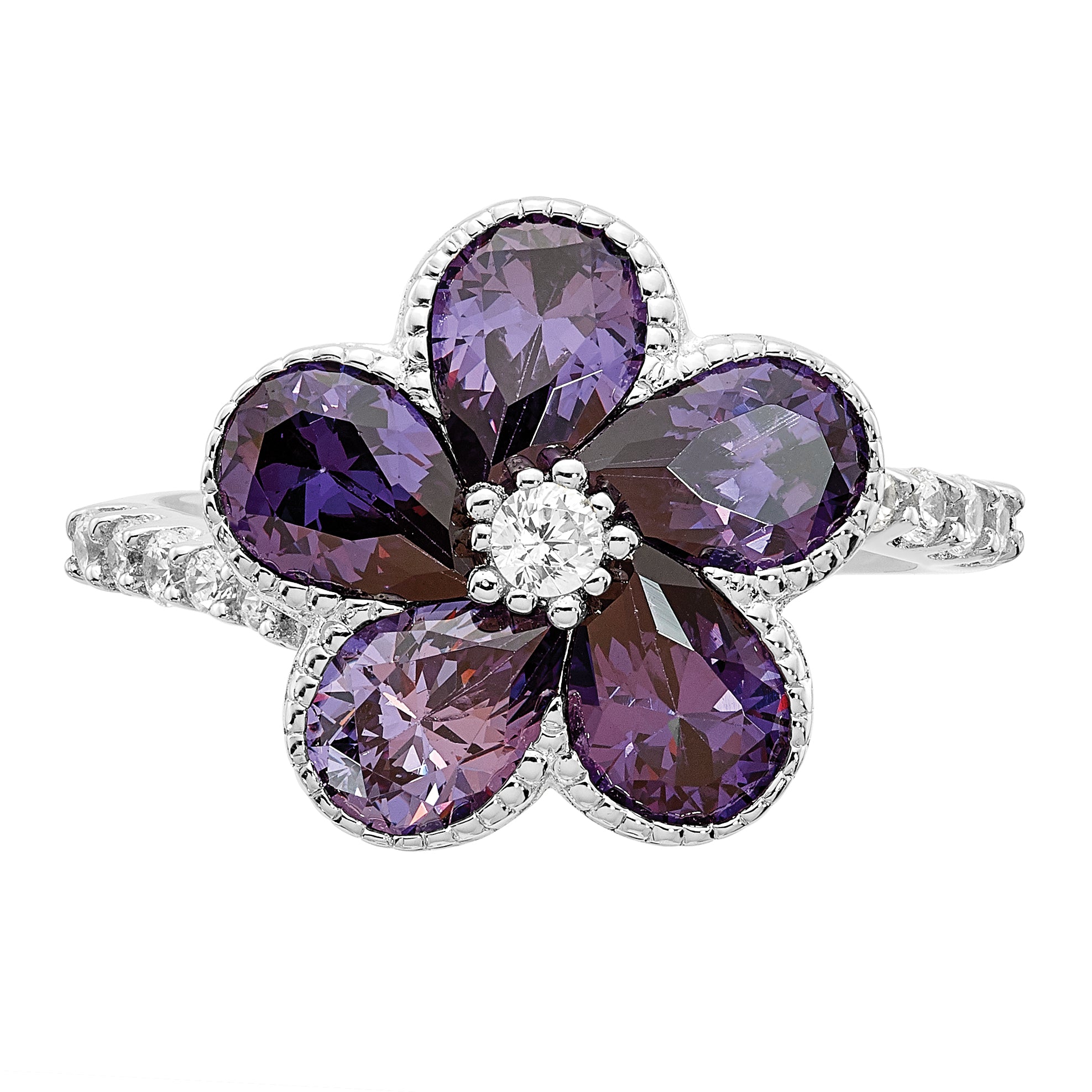 Cheryl M Sterling Silver Rhodium-plated Purple and White Brilliant-cut CZ Flower Ring