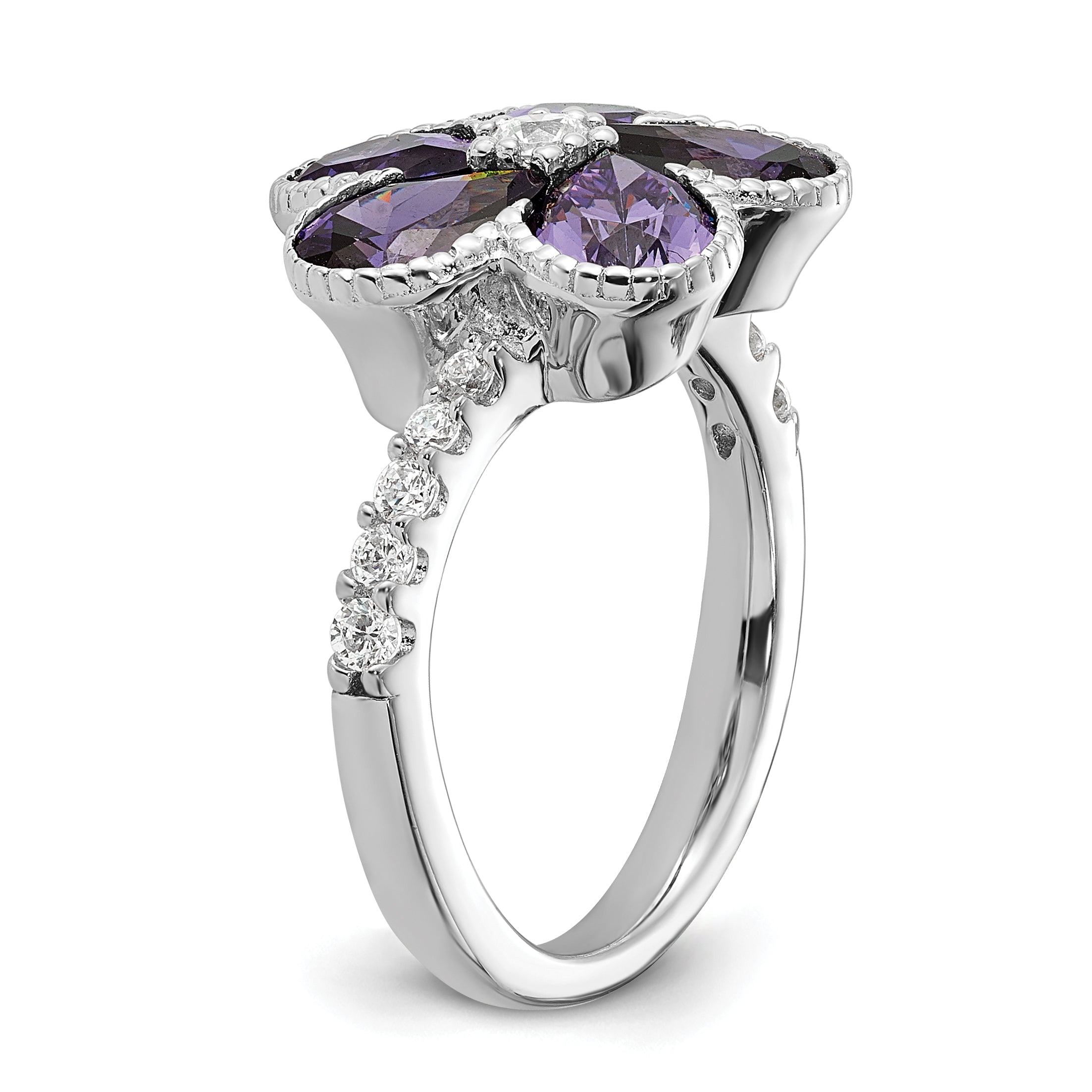 Cheryl M Sterling Silver Rhodium-plated Purple and White Brilliant-cut CZ Flower Ring