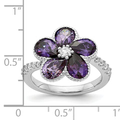 Cheryl M Sterling Silver Rhodium-plated Purple and White Brilliant-cut CZ Flower Ring