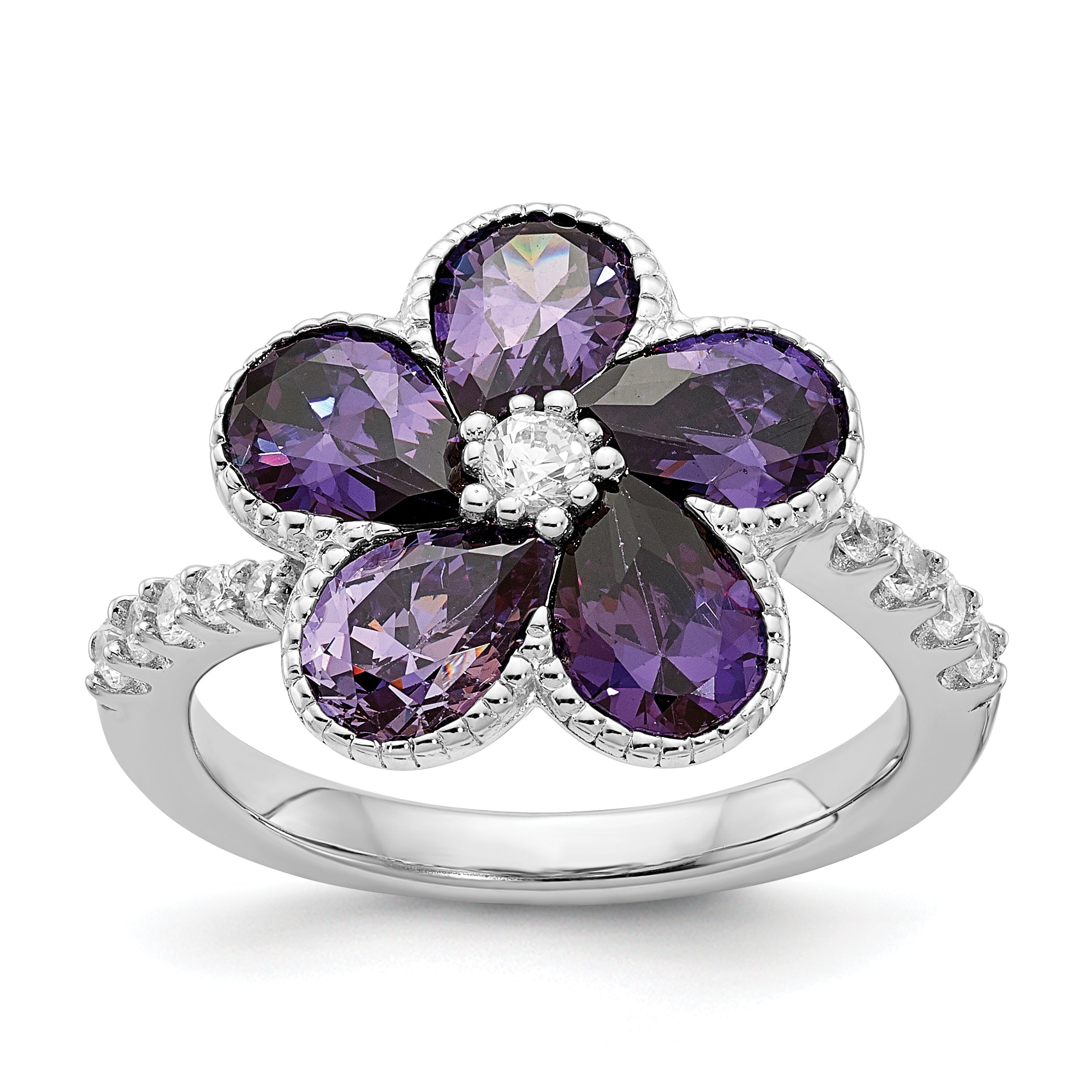 Cheryl M Sterling Silver Rhodium-plated Purple and White Brilliant-cut CZ Flower Ring