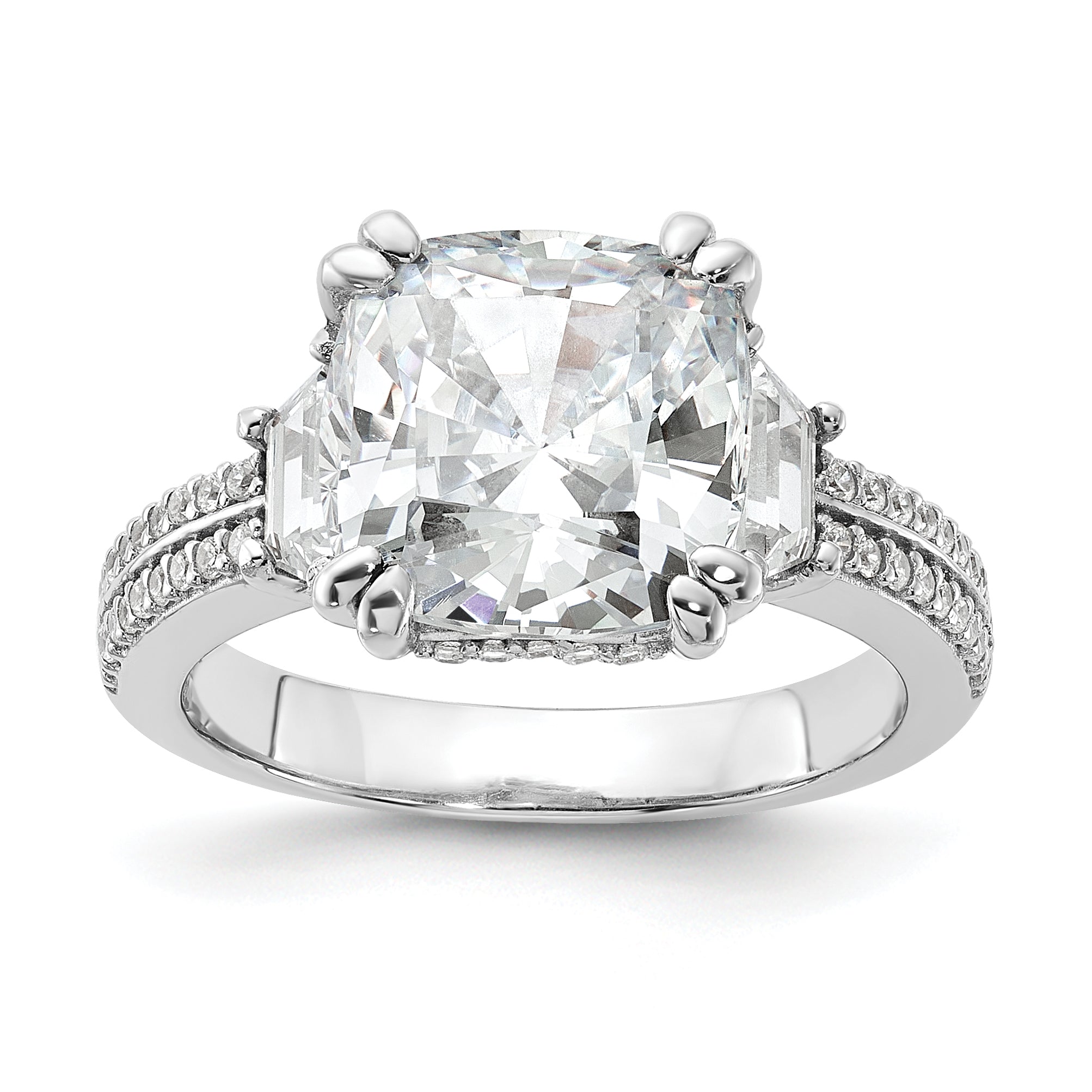 Cheryl M Sterling Silver Rhodium-plated Fancy Cushion-cut Baguette-cut and Brilliant-cut CZ Ring