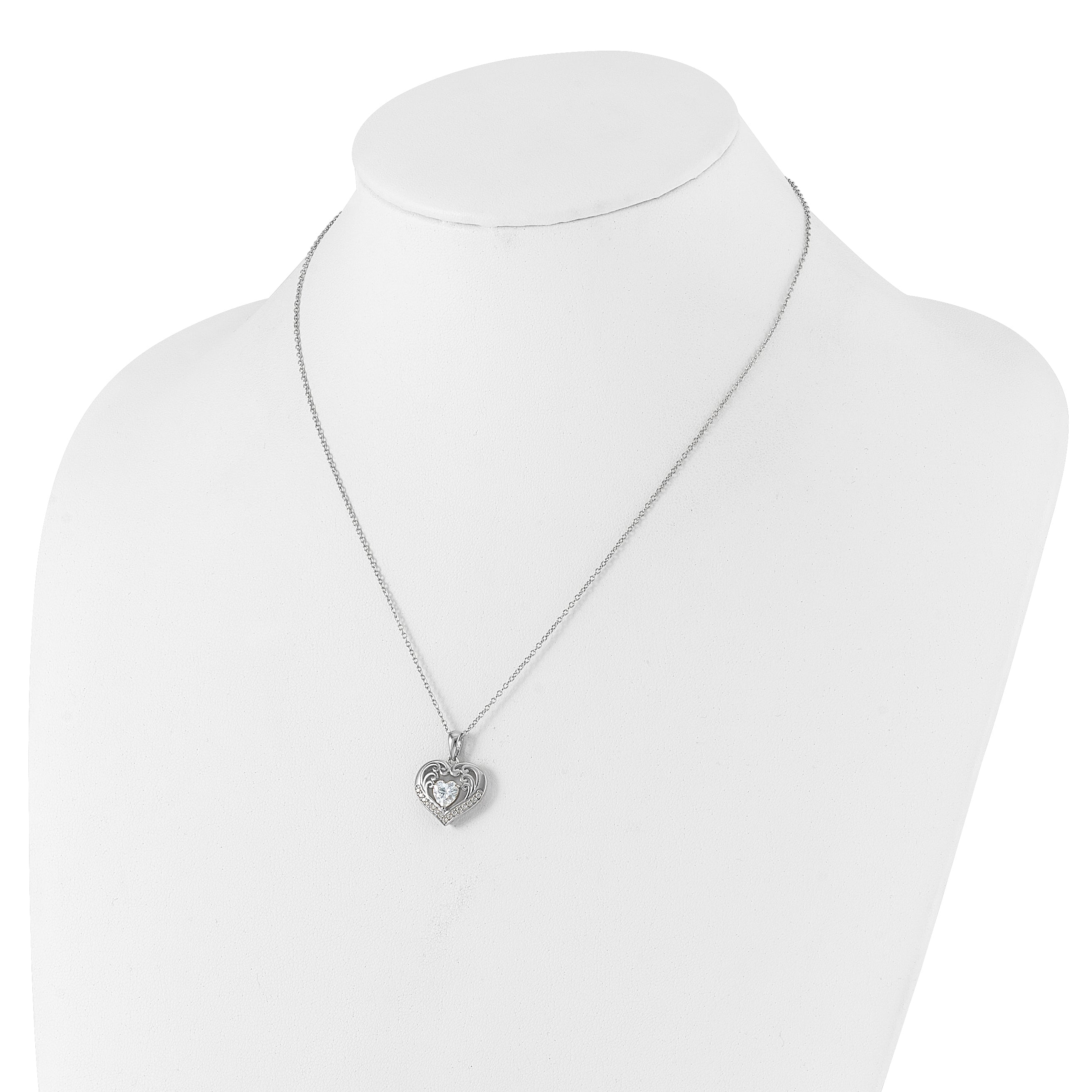 Cheryl M Sterling Silver Rhodium-plated Brilliant-cut CZ Heart 18 Inch Necklace with 2 Inch Extender