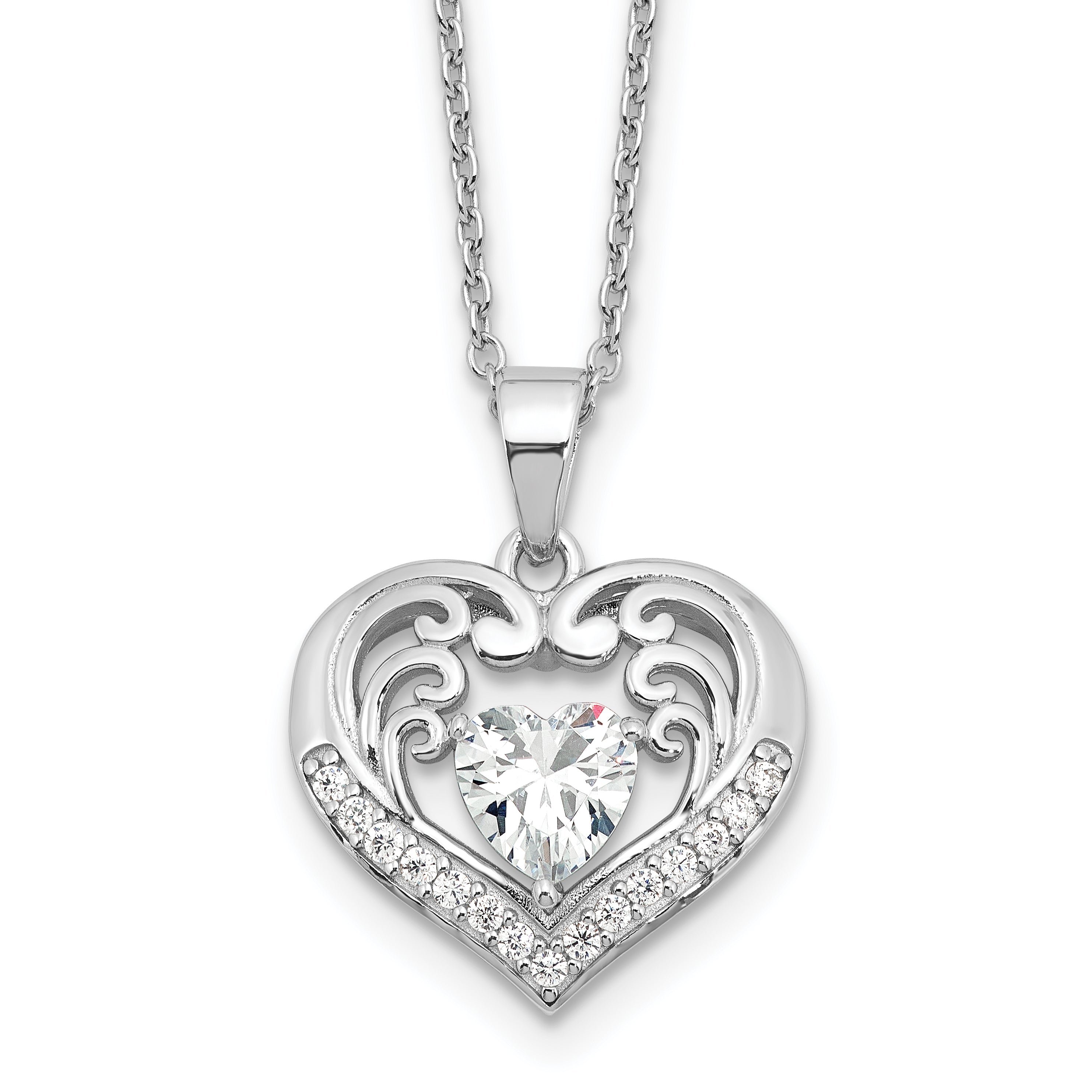 Cheryl M Sterling Silver Rhodium-plated Brilliant-cut CZ Heart 18 Inch Necklace with 2 Inch Extender