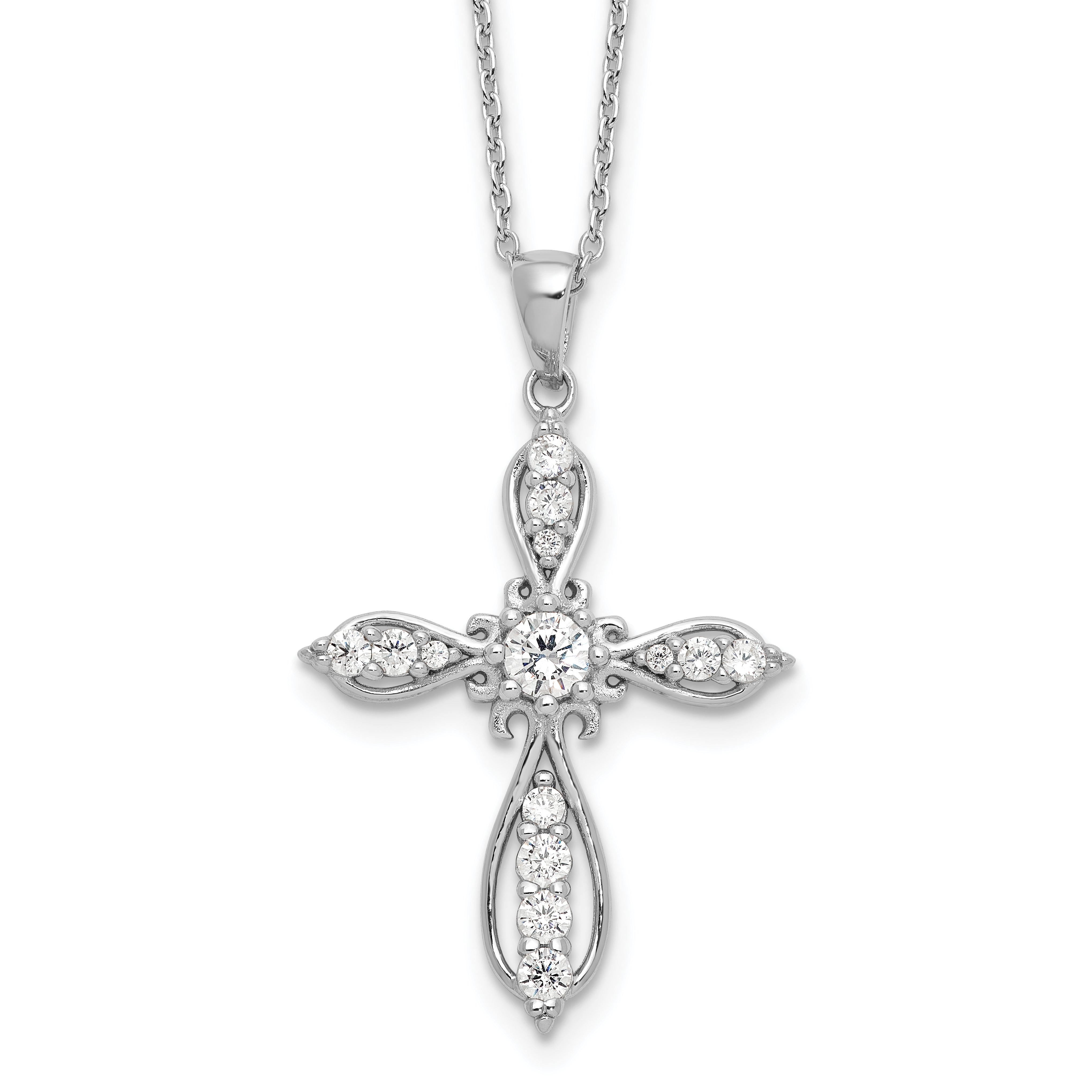 Cheryl M Sterling Silver Rhodium-plated Brilliant-cut CZ Cross 18 Inch Necklace with 2 Inch Extender