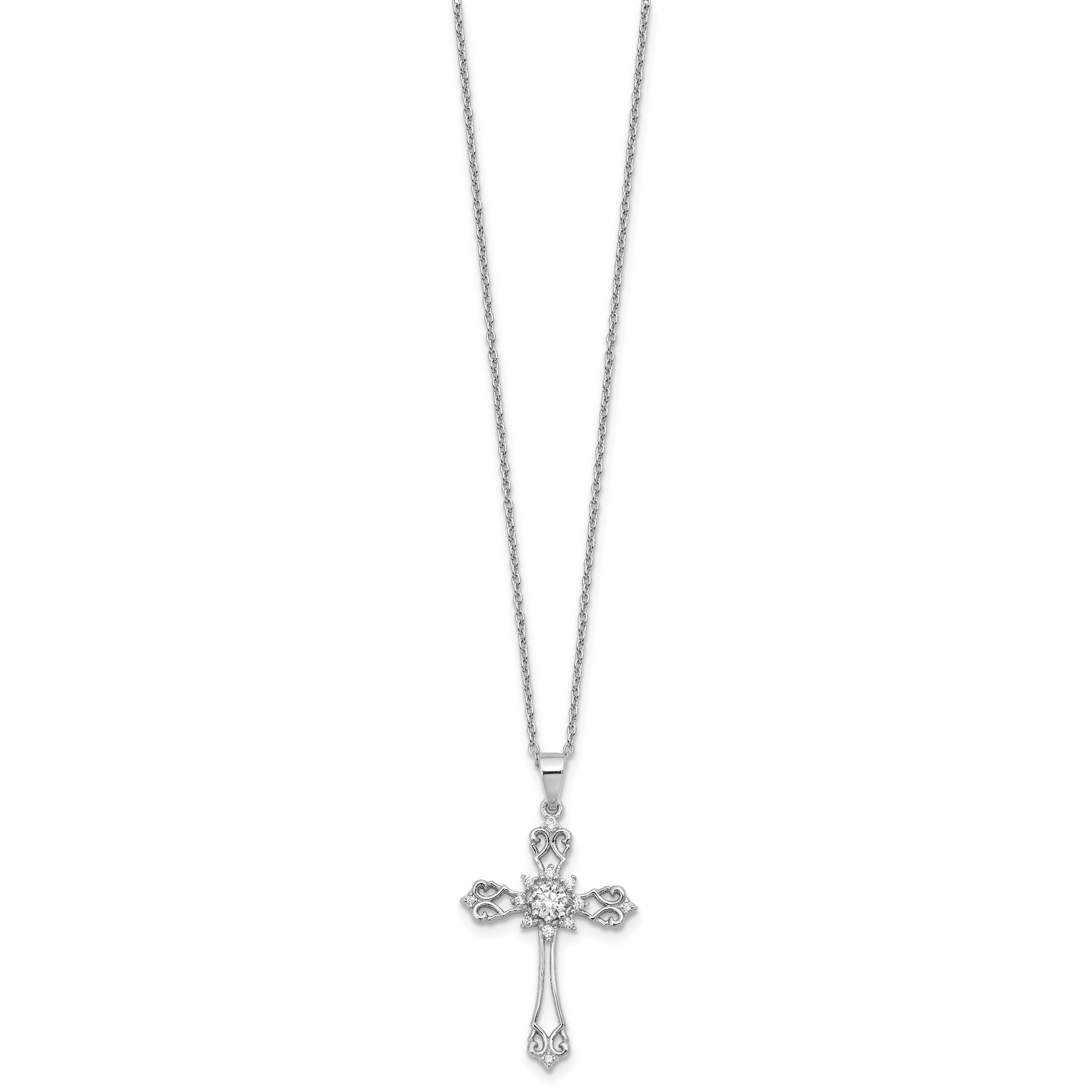 Cheryl M Sterling Silver Rhodium-plated Brilliant-cut CZ Cross 18 Inch Necklace with 2 Inch Extender