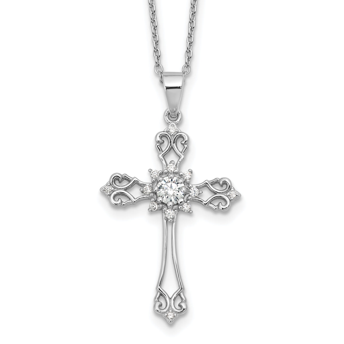 Cheryl M Sterling Silver Rhodium-plated Brilliant-cut CZ Cross 18 Inch Necklace with 2 Inch Extender