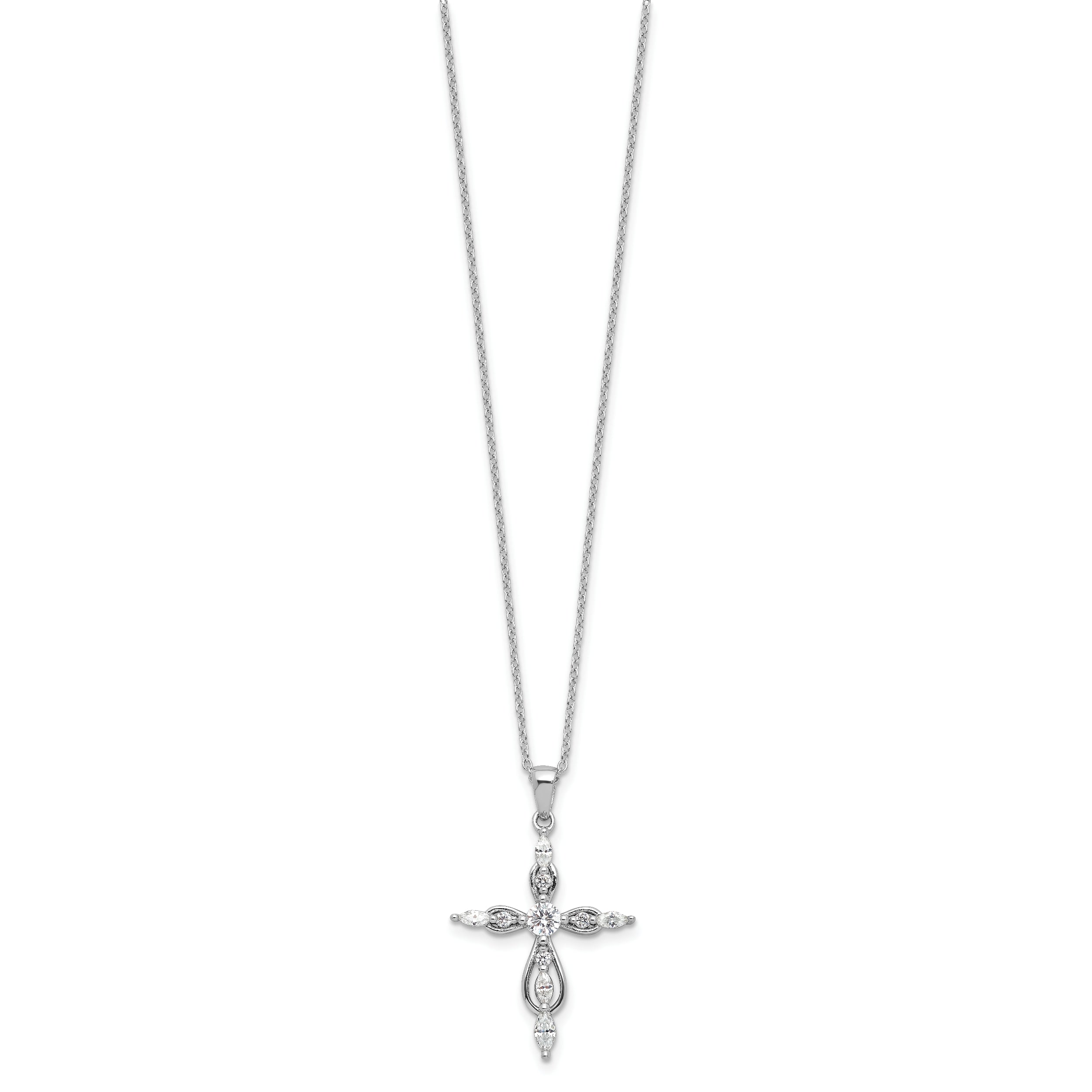 Cheryl M Sterling Silver Rhodium-plated Brilliant-cut and Marquise-cut CZ Cross 18 Inch Necklace with 2 Inch Extender