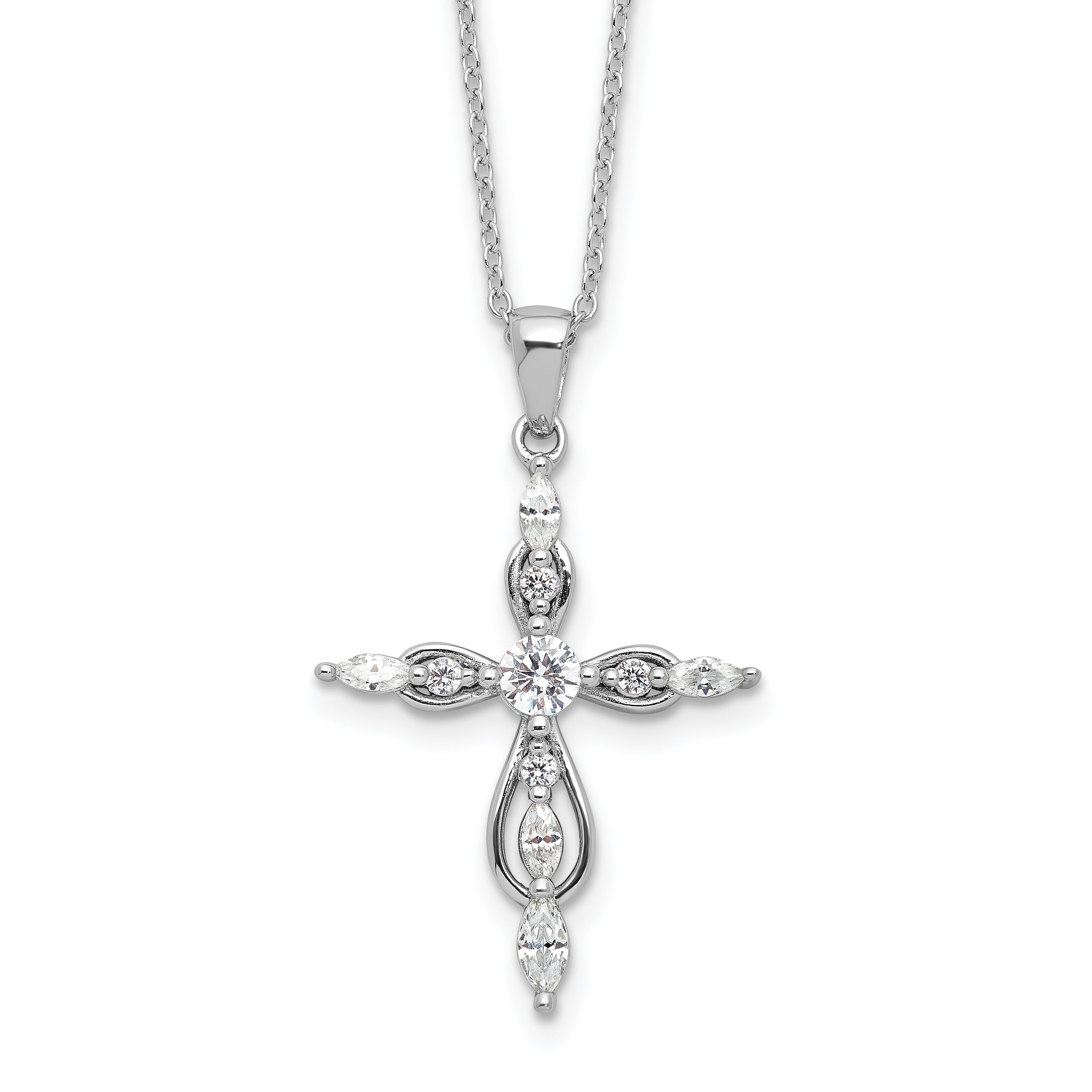 Cheryl M Sterling Silver Rhodium-plated Brilliant-cut and Marquise-cut CZ Cross 18 Inch Necklace with 2 Inch Extender