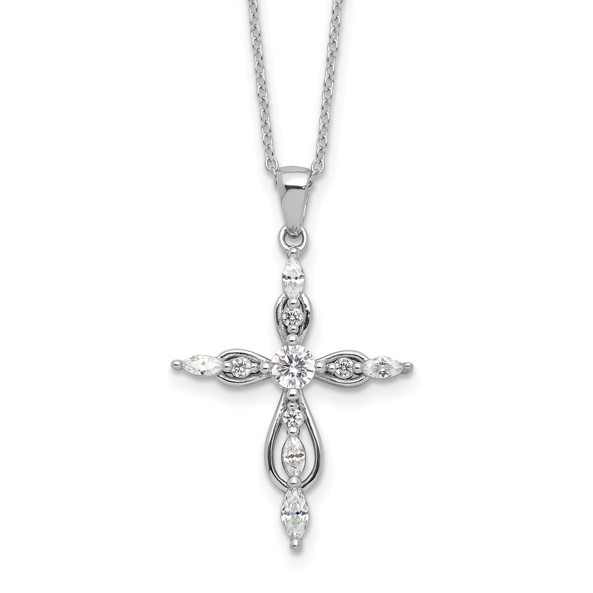 Cheryl M Sterling Silver Rhodium-plated Brilliant-cut and Marquise-cut CZ Cross 18 Inch Necklace with 2 Inch Extender