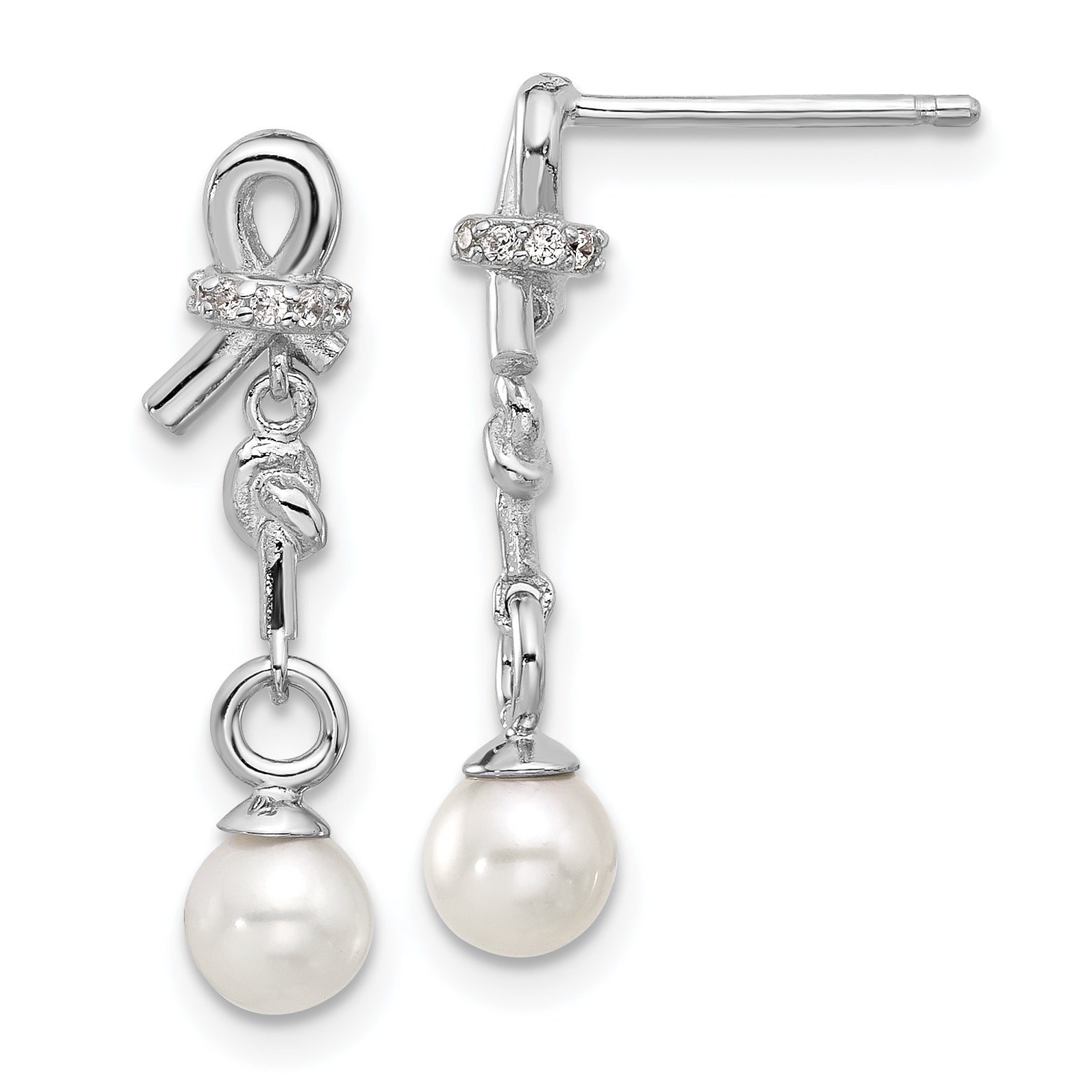 Cheryl M Sterling Silver Rhodium-plated Freshwater Cultured Pearl & CZ Post Dangle Earrings