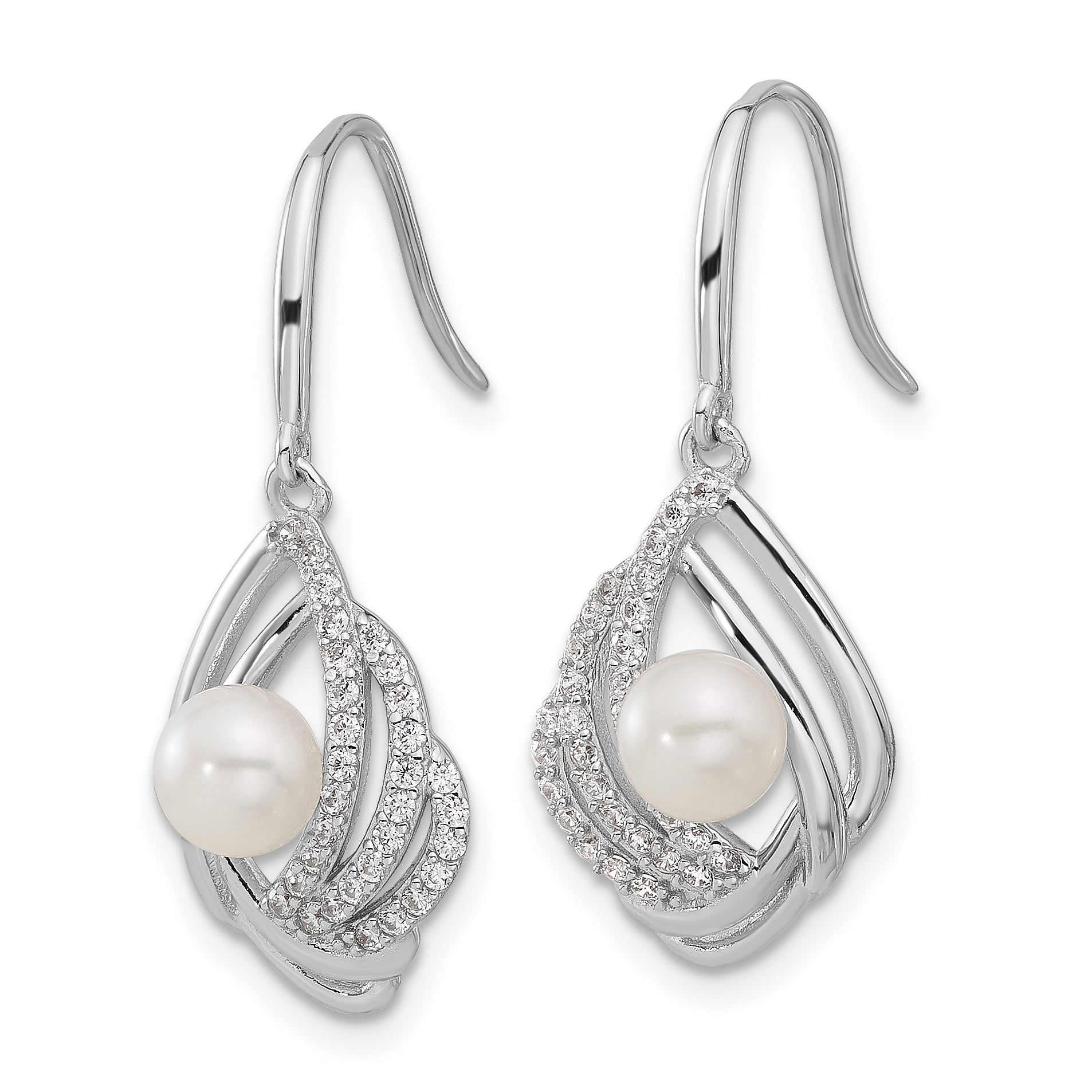 Cheryl M Sterling Silver Rhodium-plated Freshwater Cultured Pearl and Brilliant-cut CZ Teardrop Shepherd Hook Dangle Earrings