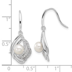 Cheryl M Sterling Silver Rhodium-plated Freshwater Cultured Pearl and Brilliant-cut CZ Teardrop Shepherd Hook Dangle Earrings