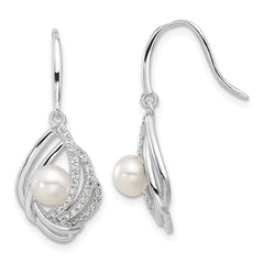 Cheryl M Sterling Silver Rhodium-plated Freshwater Cultured Pearl and Brilliant-cut CZ Teardrop Shepherd Hook Dangle Earrings