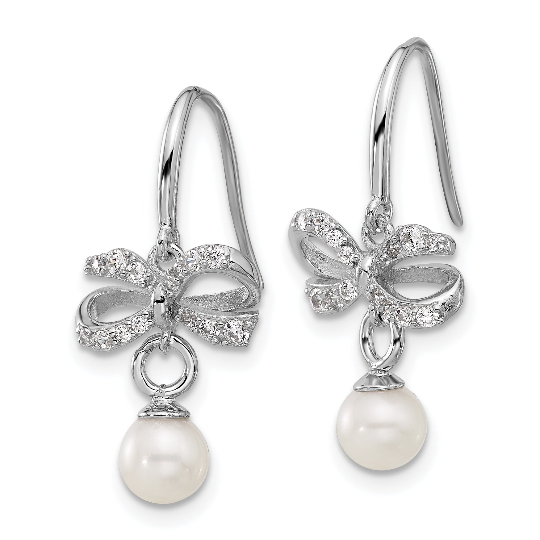 Cheryl M Sterling Silver Rhodium-plated Freshwater Cultured Pearl and Brilliant-cut CZ Bow Shepherd Hook Dangle Earrings