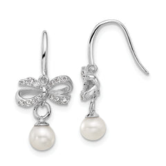 Cheryl M Sterling Silver Rhodium-plated Freshwater Cultured Pearl and Brilliant-cut CZ Bow Shepherd Hook Dangle Earrings