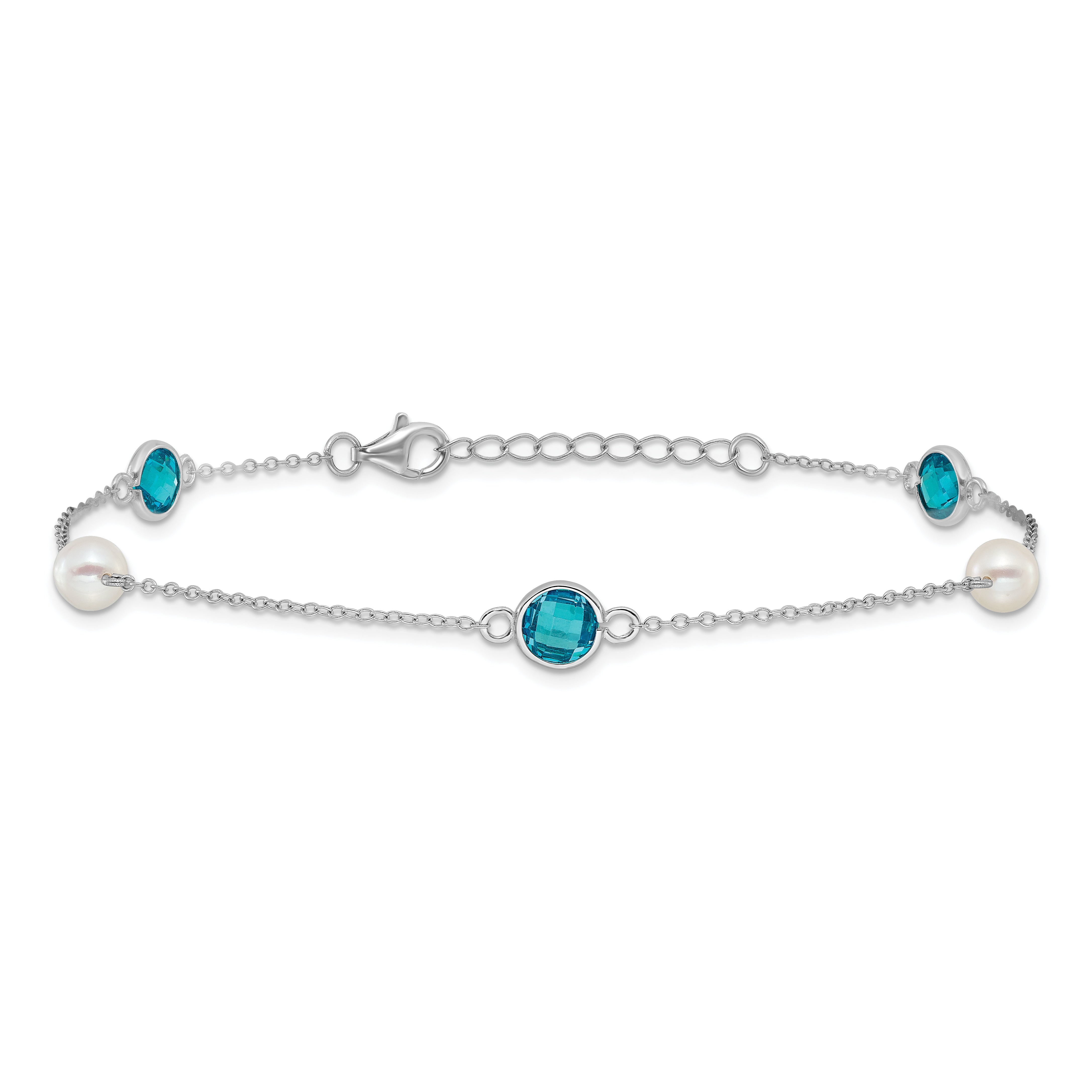 Cheryl M Sterling Silver Rhodium-plated Blue Double Pineapple-cut CZ & White Freshwater Cultured Pearl 5 Station 9 Inch Anklet with 1 Inch Extender