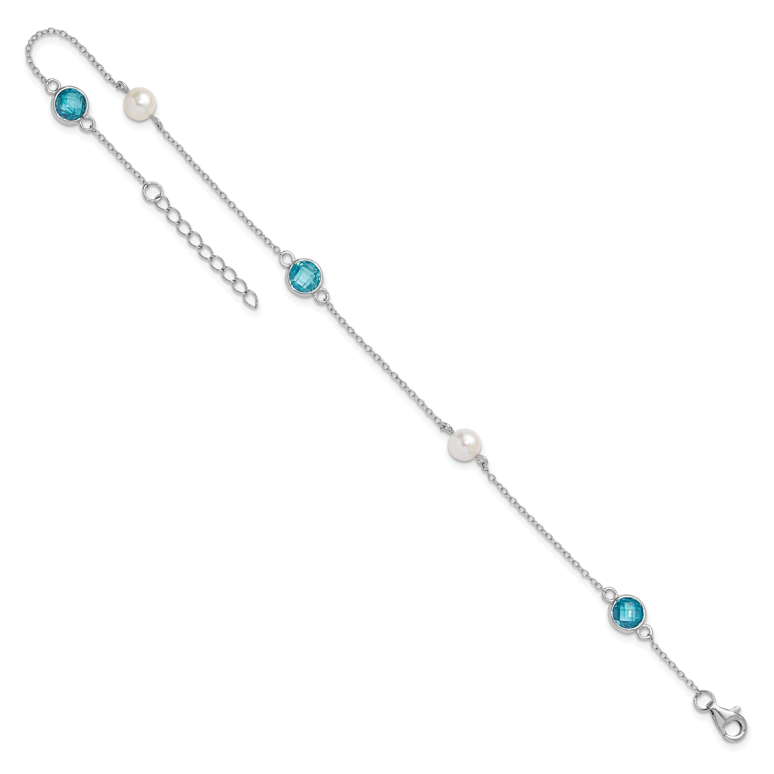 Cheryl M Sterling Silver Rhodium-plated Blue Double Pineapple-cut CZ & White Freshwater Cultured Pearl 5 Station 9 Inch Anklet with 1 Inch Extender