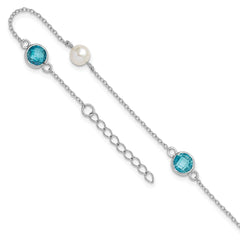 Cheryl M Sterling Silver Rhodium-plated Blue Double Pineapple-cut CZ & White Freshwater Cultured Pearl 5 Station 9 Inch Anklet with 1 Inch Extender