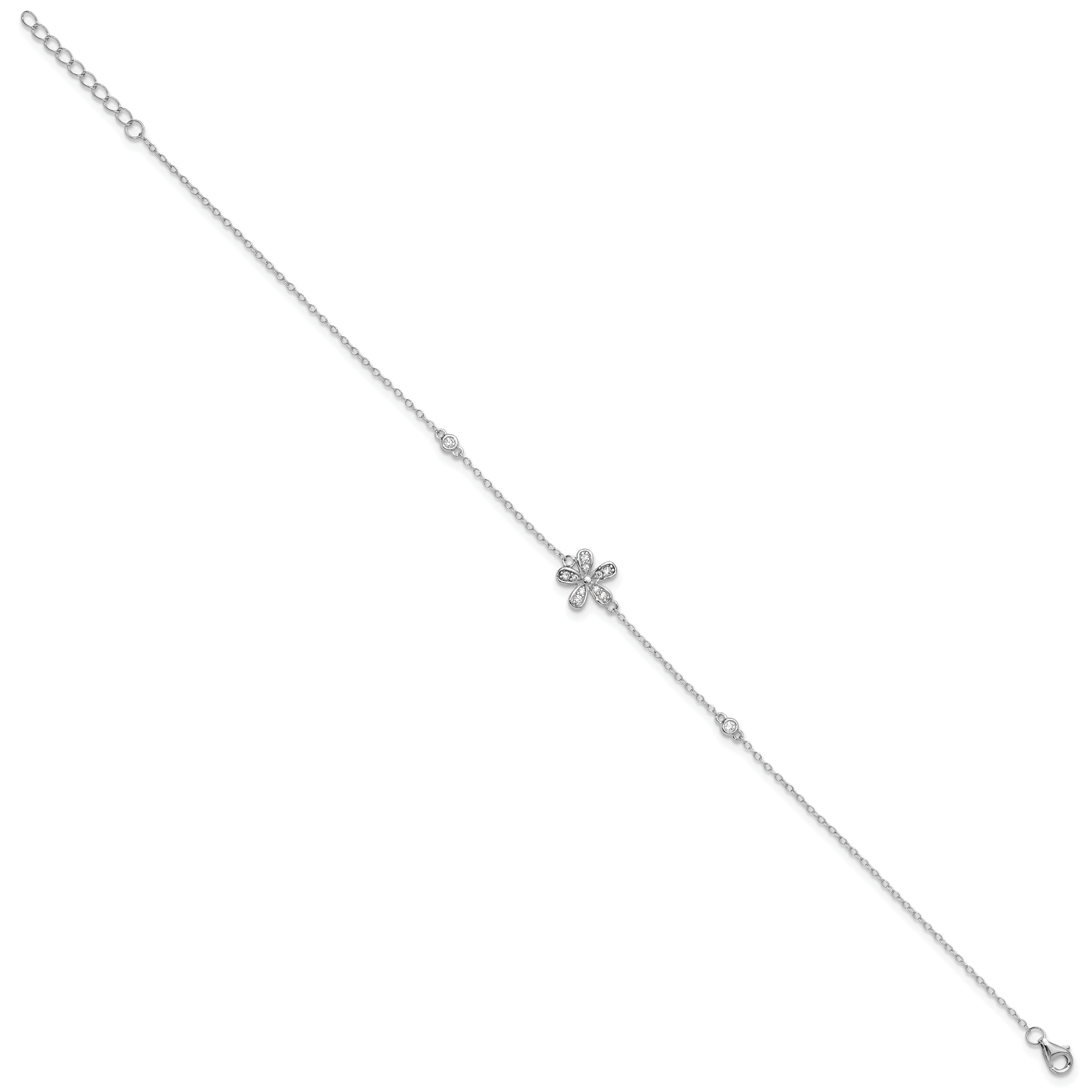 Cheryl M Sterling Silver Rhodium-plated Brilliant-cut CZ Flower 9 Inch Anklet with 1 Inch Extender